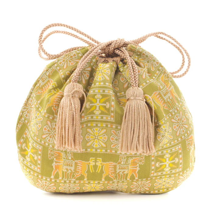 Nishijin Ori Small Drawstring Bag - Horse & Green Design | Handmade in Kyoto Japan | Traditional Japanese Craft Purse for Coins, Jewelry & Gifts