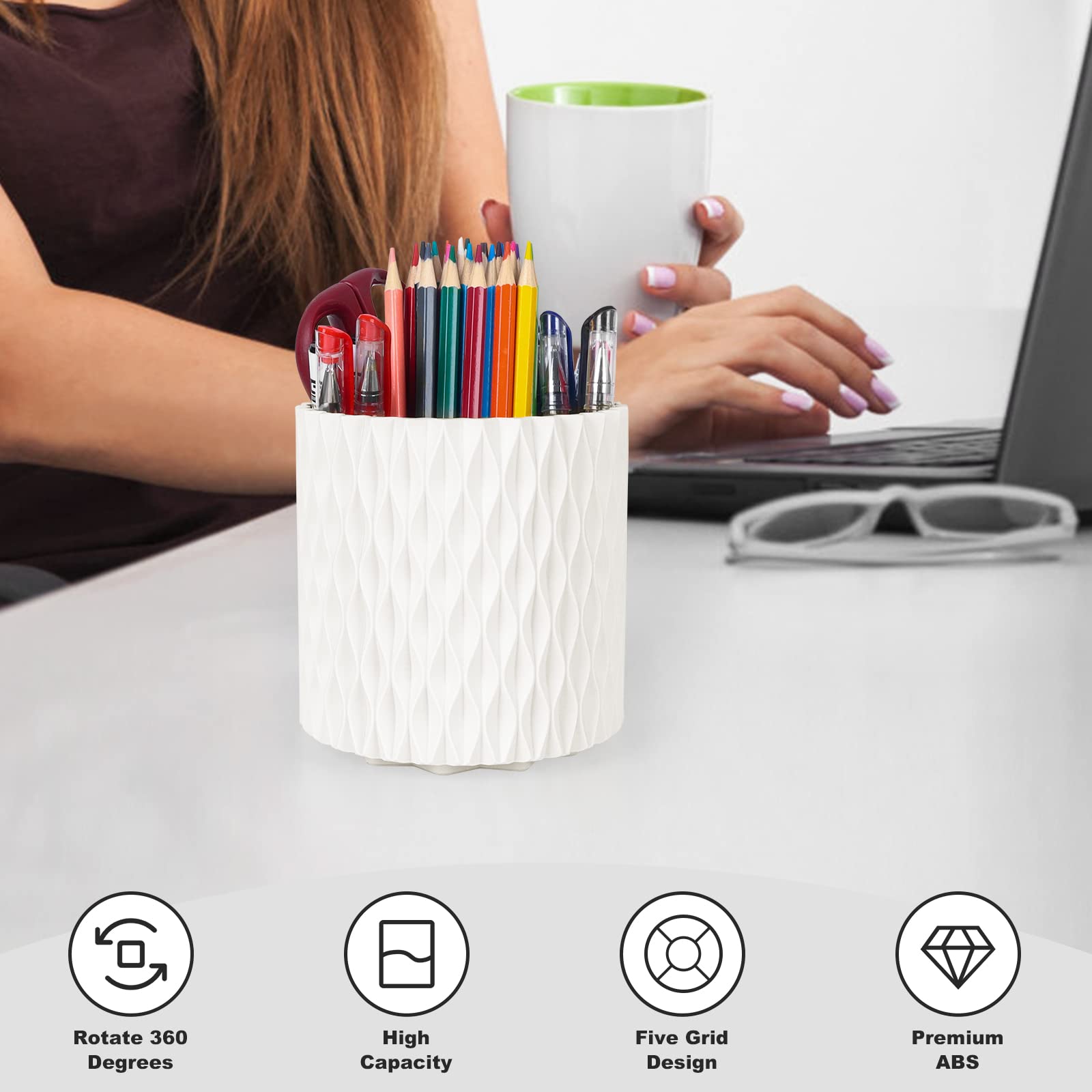 360° Rotating Makeup Brush Holder & Organizer - Multi-Functional Desktop Pen Cup for Cosmetics, Lipsticks, Combs & Beauty Tools | Perfect for Vanity, Office Desk & Bathroom Storage (White)
