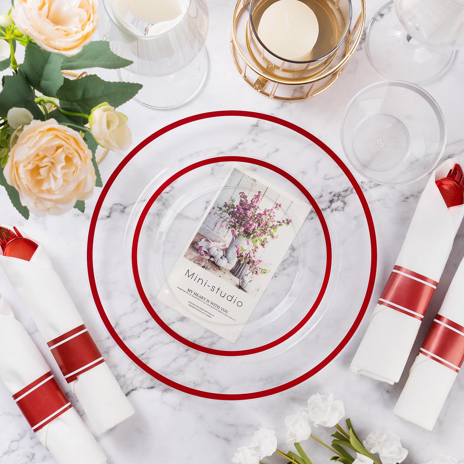Goodluck 175-Piece Red Plastic Party Dinnerware Set - Disposable Plates, Cups & Cutlery for 25 Guests | Includes 25 Dinner Plates, Dessert Plates, Pre-Rolled Napkins & Cups | Perfect for Birthday Parties, Weddings, BBQs & Events