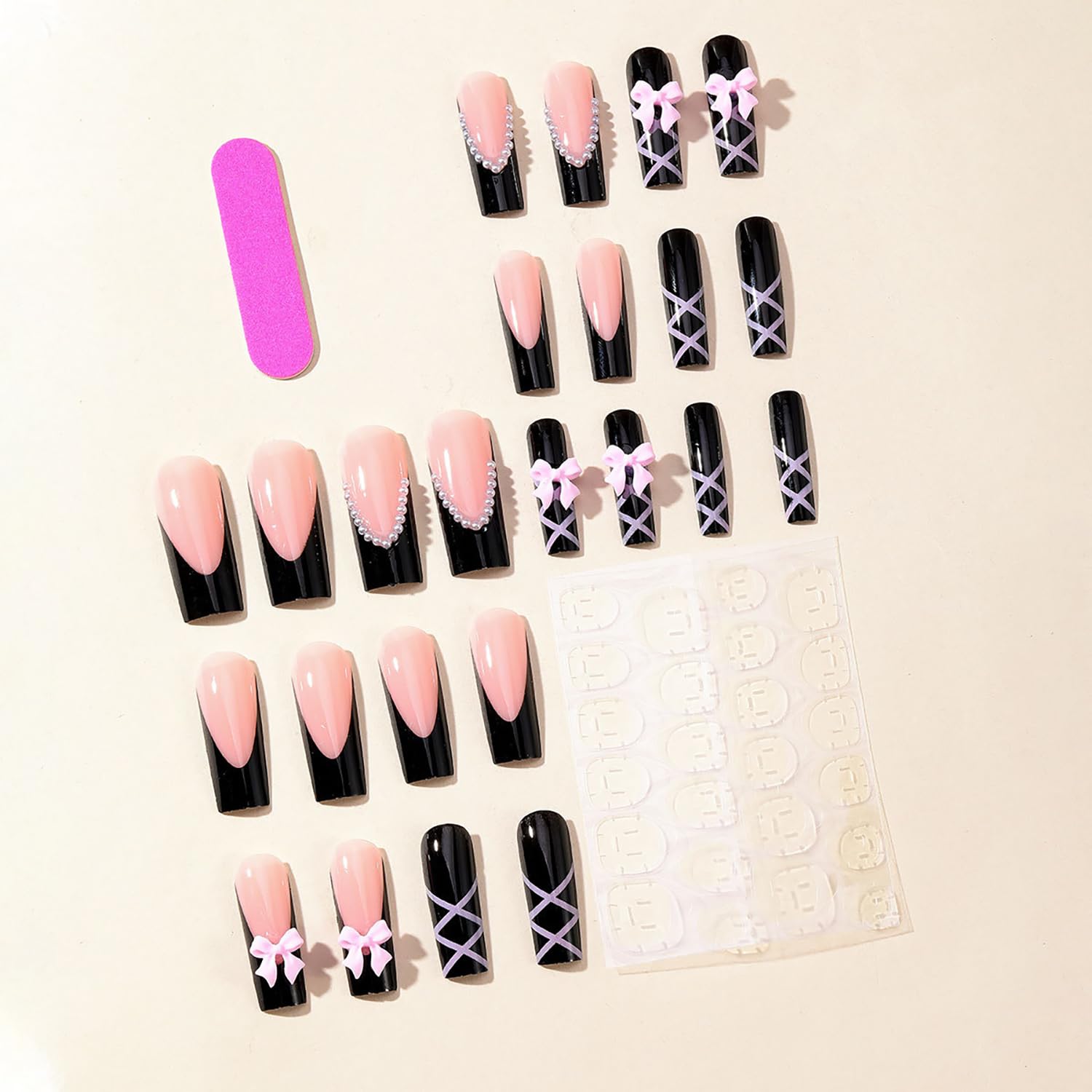Black Glossy Coffin Press On Nails - Long Acrylic False Nails with Pink Bow Designs & Charm | Full Cover Artificial Nails with Glue | Perfect for Parties, Weddings & Special Occasions