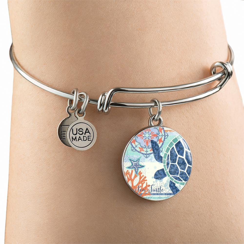Blue Sea Turtle Bangle Bracelet for Women - Handmade Ocean Animal Jewelry - Perfect for Beach Vacation, Summer Accessories & Gift Giving