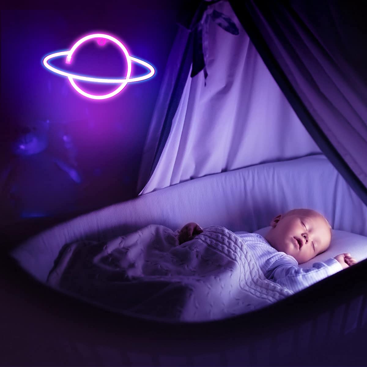 Criacr LED Planet Neon Light Sign - USB/Battery Powered Wall Decor Night Light in Pink & Blue - Perfect for Bedroom, Kids Room, Bar, Party & Home Decoration | Creates Cozy Atmosphere for Relaxation & Festive Celebrations