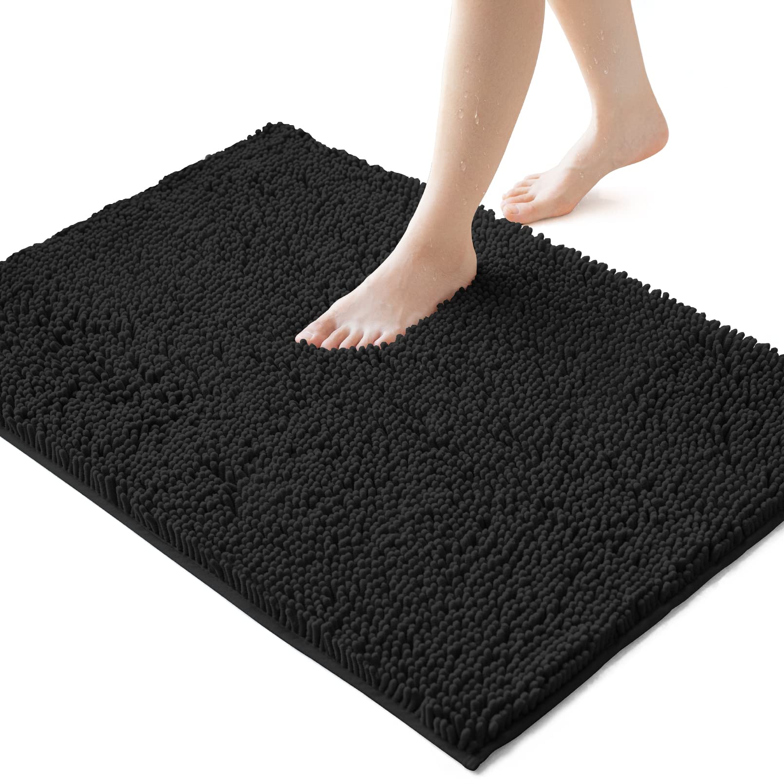 Premium Non-Slip Bath Mat - Ultra Soft Shaggy Microfiber Bathroom Rug, Super Absorbent & Quick Drying (24x36 Inches, Black) for Bathroom, Shower & Vanity Area