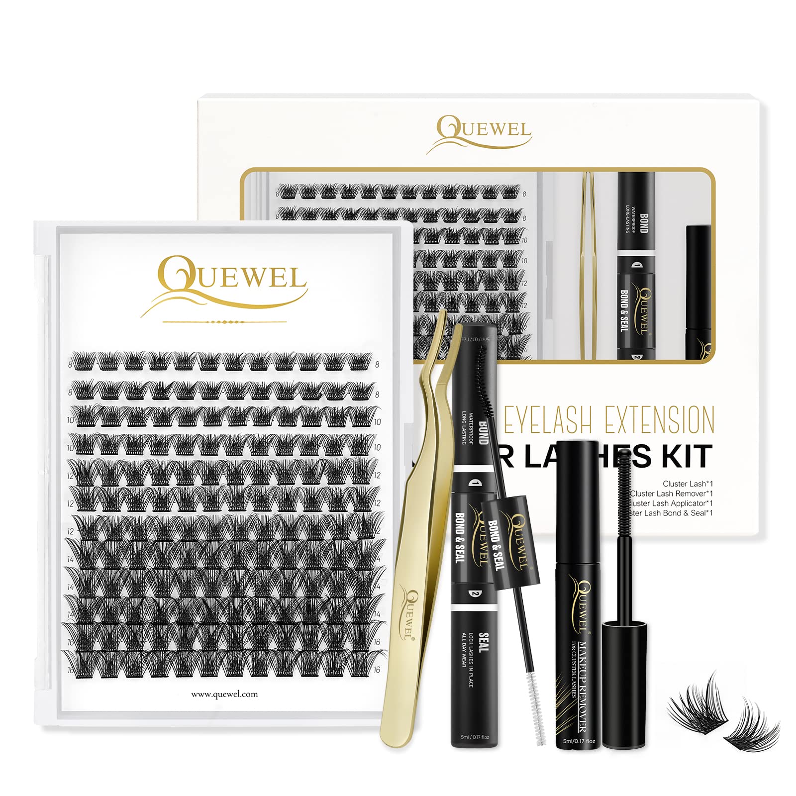 QUEWEL DIY Cluster Eyelash Extensions Kit - 8-16mm Individual Lashes, 144 Clusters with Super Thin Cotton Band | Professional Eyelash Applicator & Long-Lasting Bond Glue | Perfect for Salon, Home Use & Special Occasions (QU-H-DH-01)