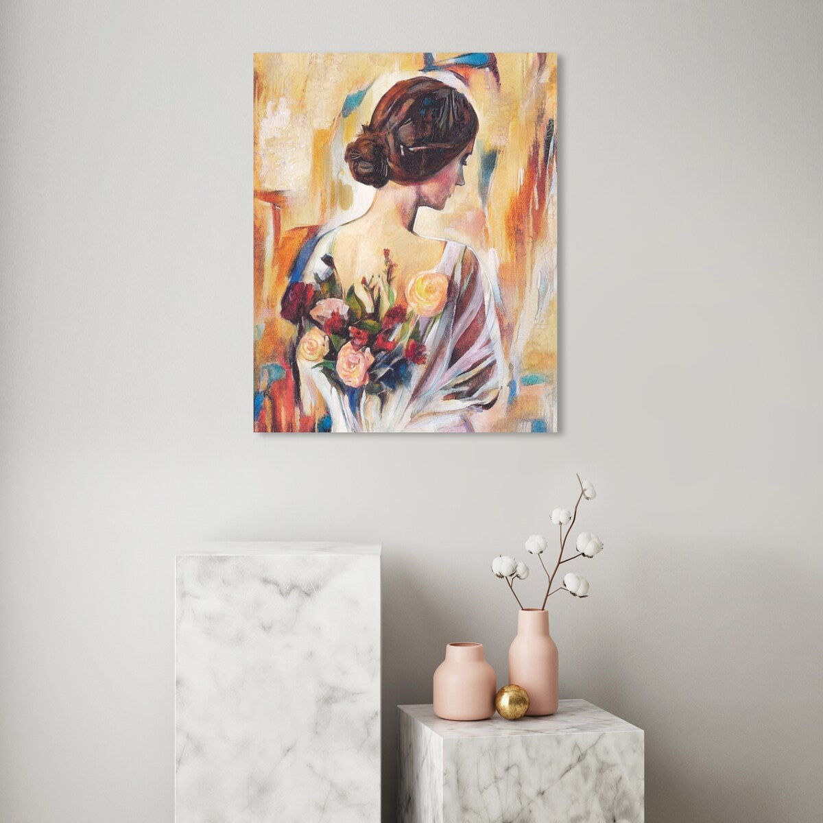 Modern White Canvas Wall Art Print with Back and Flowers - Elegant Female Beauty Floral Decor for Bedroom, Living Room & Home Office