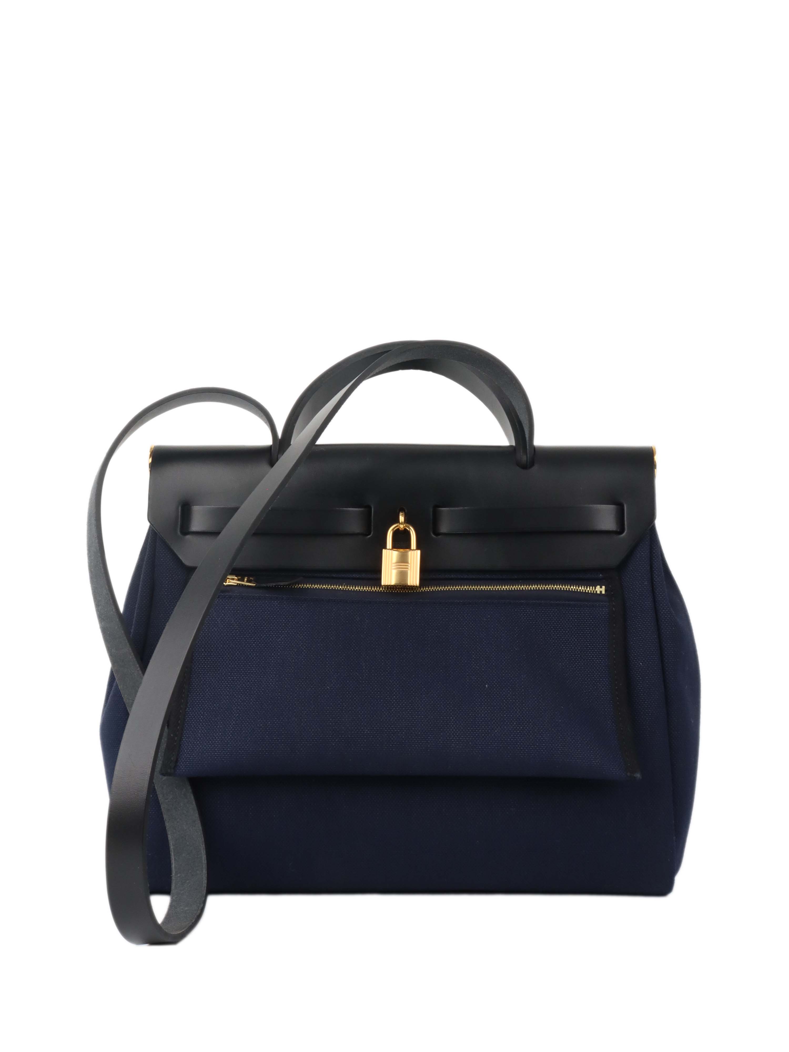 Hermes Herbag Zip 31 Backpack - Blue Marine/Black Leather Shoulder Bag for Women | Luxury Handbag for Work, Travel & Everyday Use