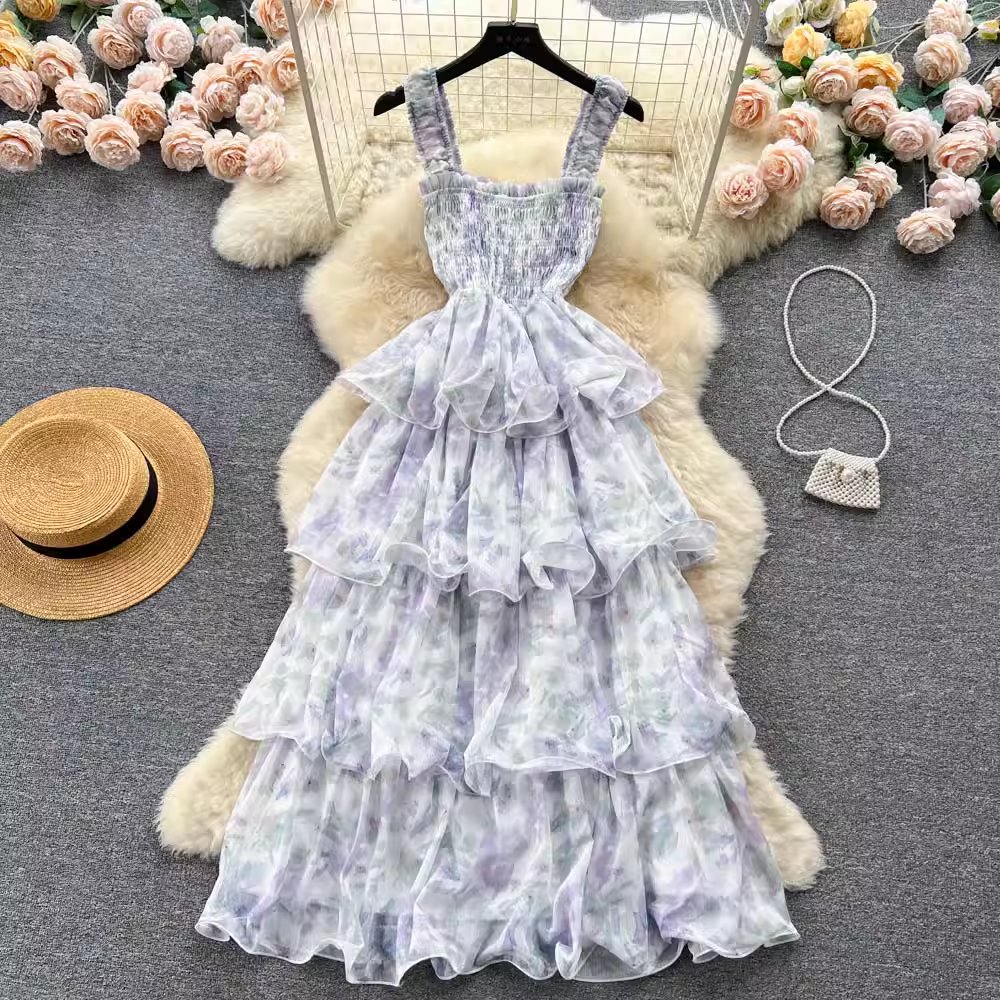 Floral Sling Dress for Women - Summer Fairy Layer Cake Dress 1113 | Boho Chic Sleeveless Sundress for Beach, Vacation & Date Night