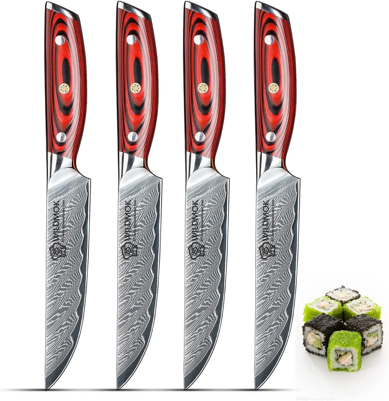 Premium 5 Inch Damascus Steak Knives Set - 4pcs Sharp Professional Japanese VG10 Steel Kitchen Knives with Full Tang G10 Handle - Perfect for Steak Dinners, BBQ Parties & Gourmet Cooking