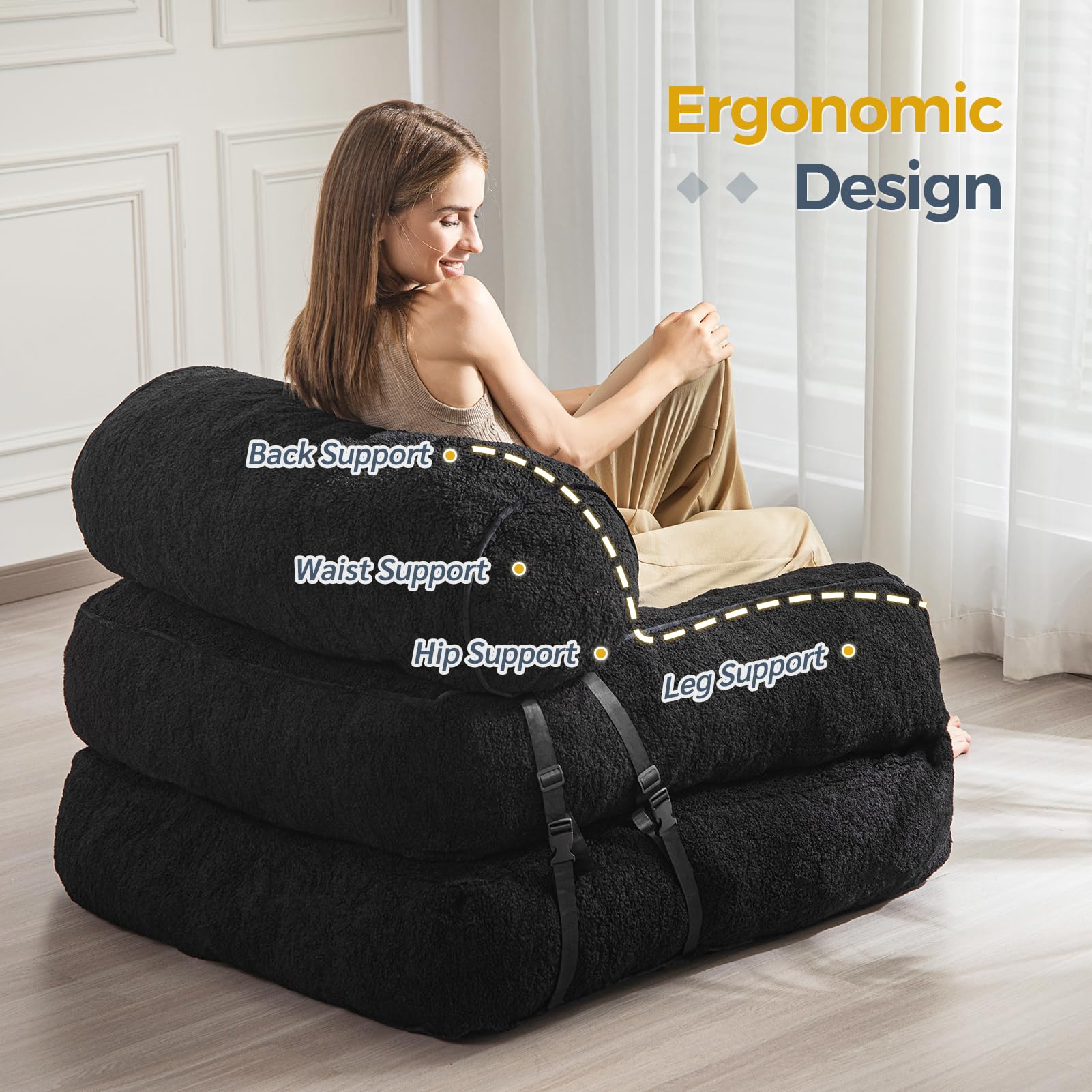 MAXYOYO Folding Sofa Bed - Convertible Boucle Sleeper Chair with Bolster Pillow, Multi-Functional Floor Sofa Lounge for Living Room & Bedroom (Black) | Perfect for Small Spaces, Guest Rooms & Apartment Living
