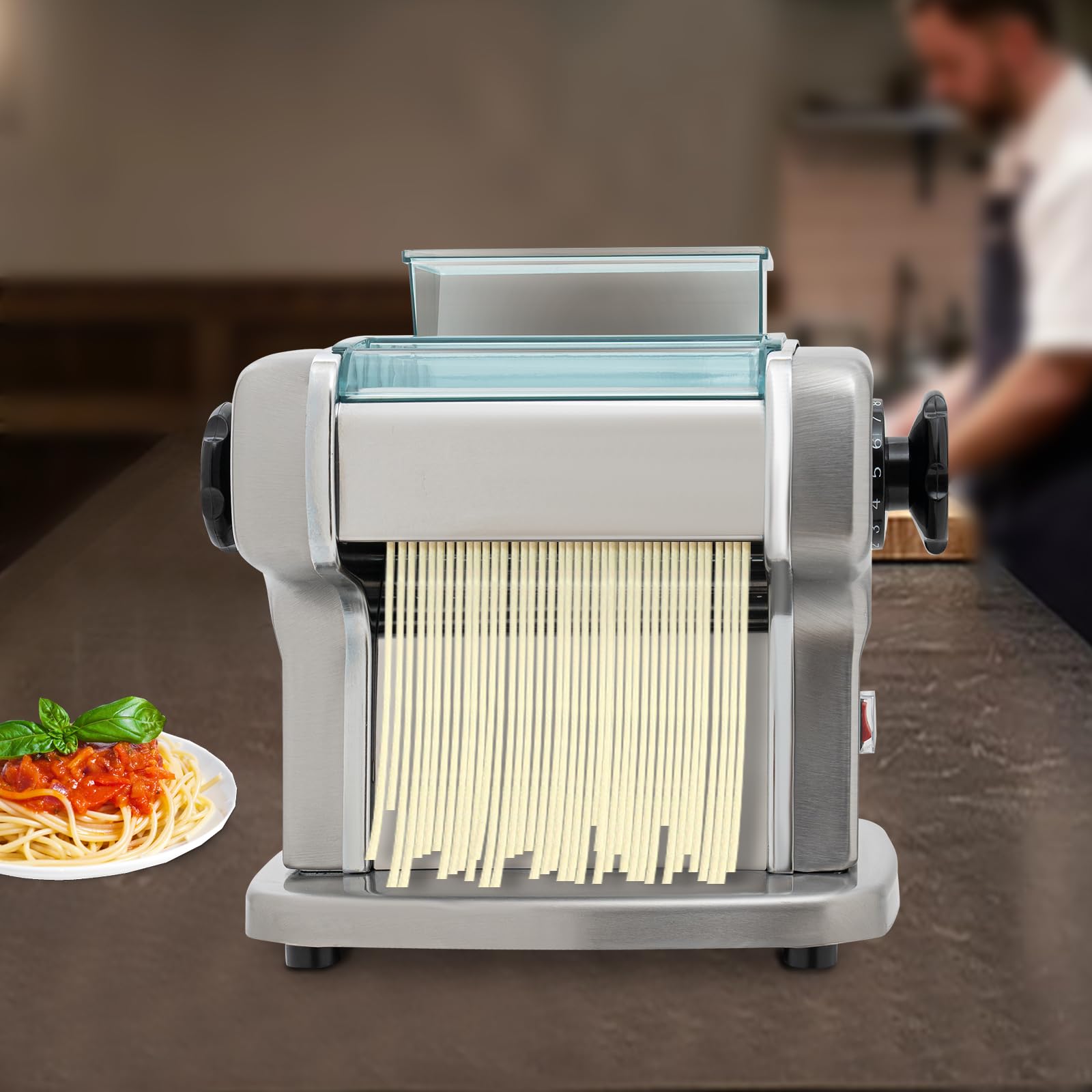 110V 135W Electric Pasta Maker Machine - Automatic Noodle Maker with 9 Gears, Stainless Steel Fresh Pasta Dough Roller for Home Kitchen & Restaurants - Perfect for Italian Cuisine, Homemade Pasta & Breakfast Stores (9.8x8.1x8.9in)