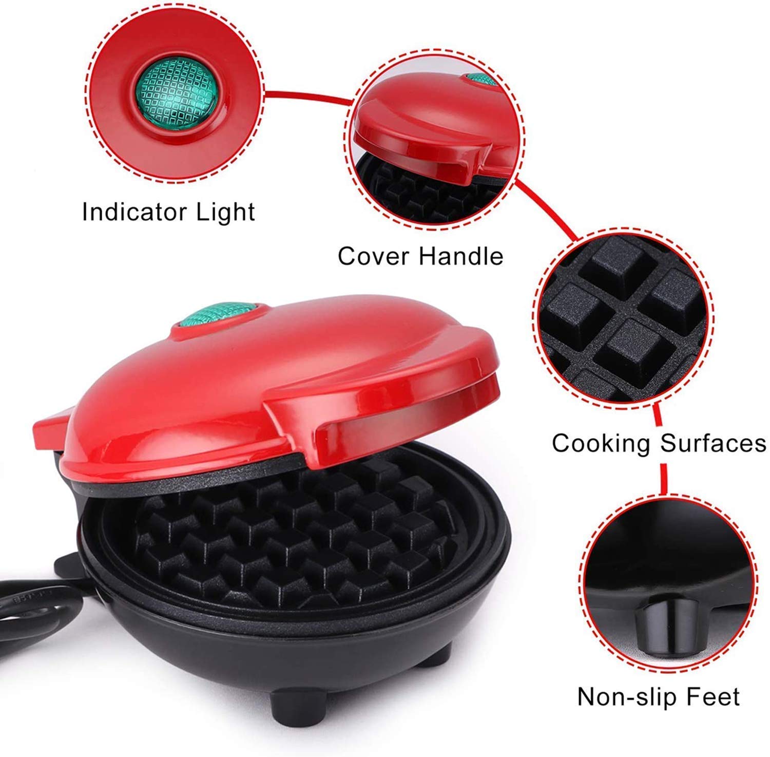 Mini Waffle Maker - Portable Electric Round Waffle Iron for Individual Waffles, Paninis, Hash Browns | Perfect for Breakfast, Lunch & Snacks On-The-Go | Compact & Easy to Use | Ideal for Home, Office, Dorm & Travel - Red
