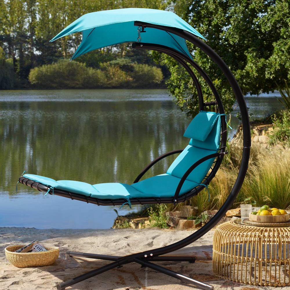 Flamaker Outdoor Hanging Hammock Chair with Canopy - Blue Patio Swing Lounge Chair for Backyard, Garden, Poolside & Beach Relaxation