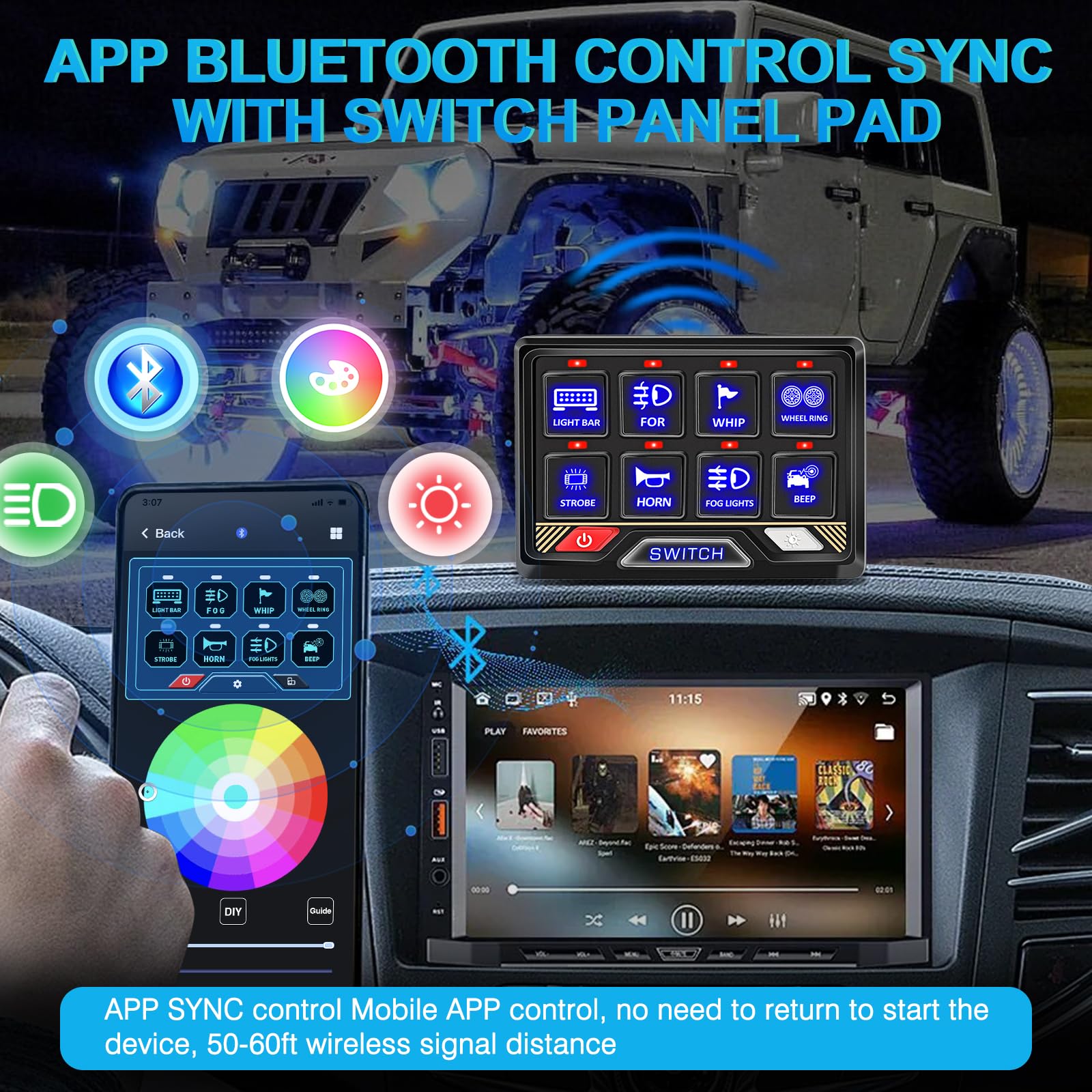 8 Gang RGB Switch Panel with APP & Bluetooth Control - Waterproof Aluminum Remote Switch Panel for RV, Car, UTV, Truck & Trailer - Perfect for Off-Road Adventures & Vehicle Customization