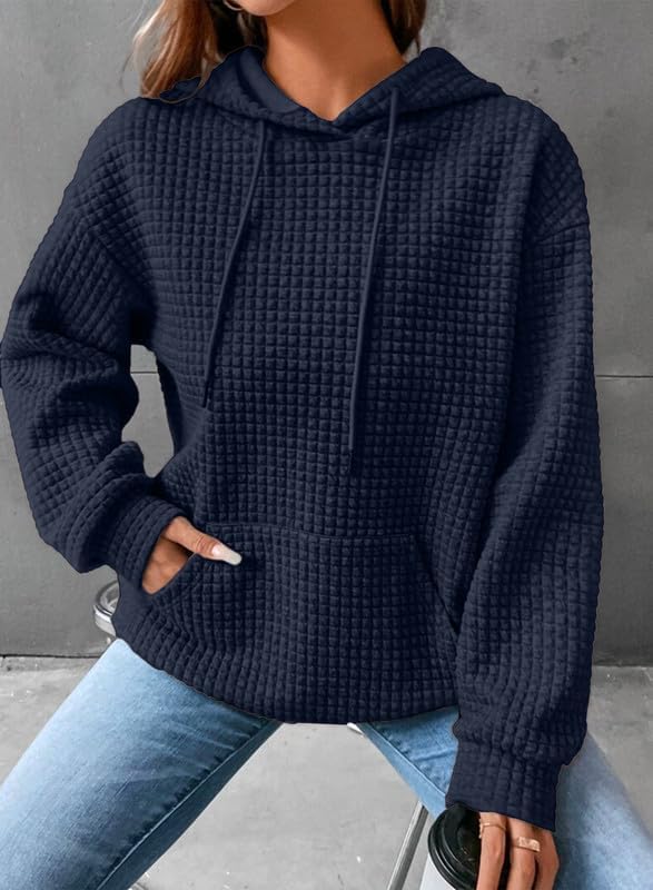 SHEWIN Women's Casual Long Sleeve Waffle Pullover Hoodie - Loose Fit Drawstring Hooded Sweatshirt with Pocket | Cozy Fall Outfits, Lounge Wear & Street Style Fashion