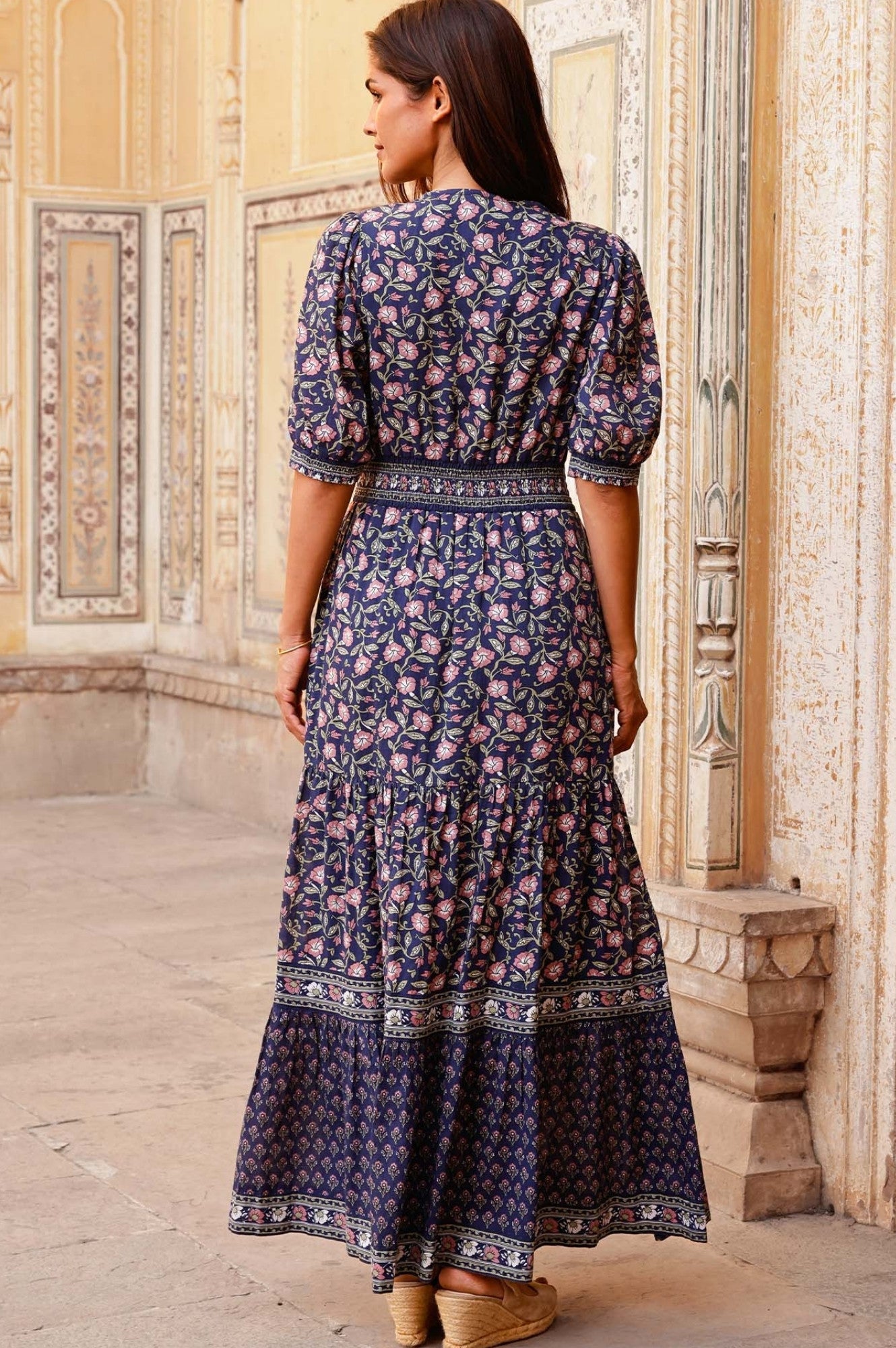 Billie Short Sleeve Organic Cotton Dress - Women's Floral Print Casual Sundress | Primrose Stamp Navy/Pink | Perfect for Summer Outings, Beach Vacations & Brunch Dates