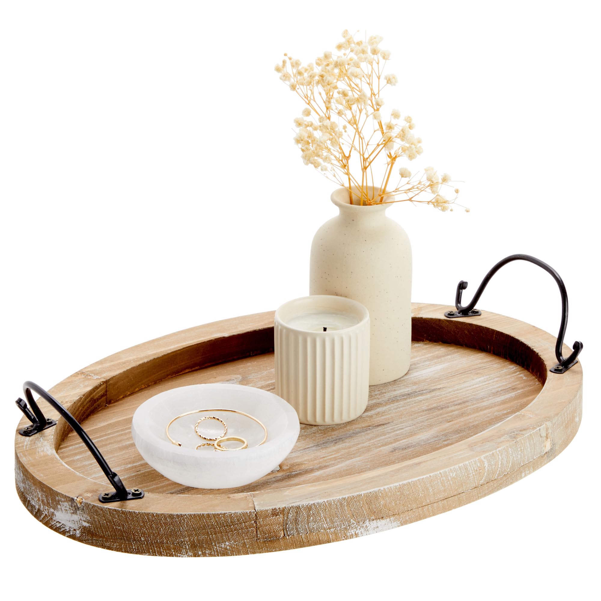 Handcrafted Wooden Serving Tray with Handles - 16x11 Inch Oval Wood Platter for Coffee Table Decor, Farmhouse Style Home Accessories - Perfect for Breakfast in Bed, Tea Service & Living Room Organization