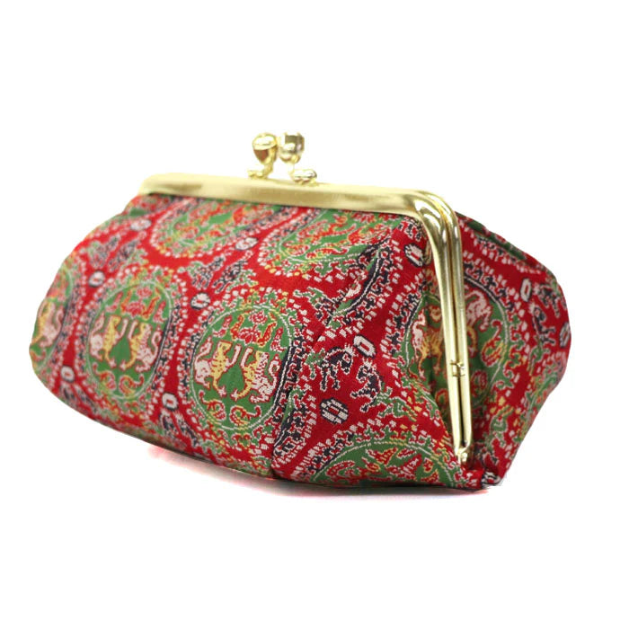 Authentic Kyoto Nishijin Ori Small Pouch - White Tiger & Phoenix Red Design | Japanese Handmade Cosmetic Makeup Bag | Gamaguchi Style Travel Toiletry Organizer | Perfect for Daily Use, Gift Giving & Traditional Japanese Fashion Accessory