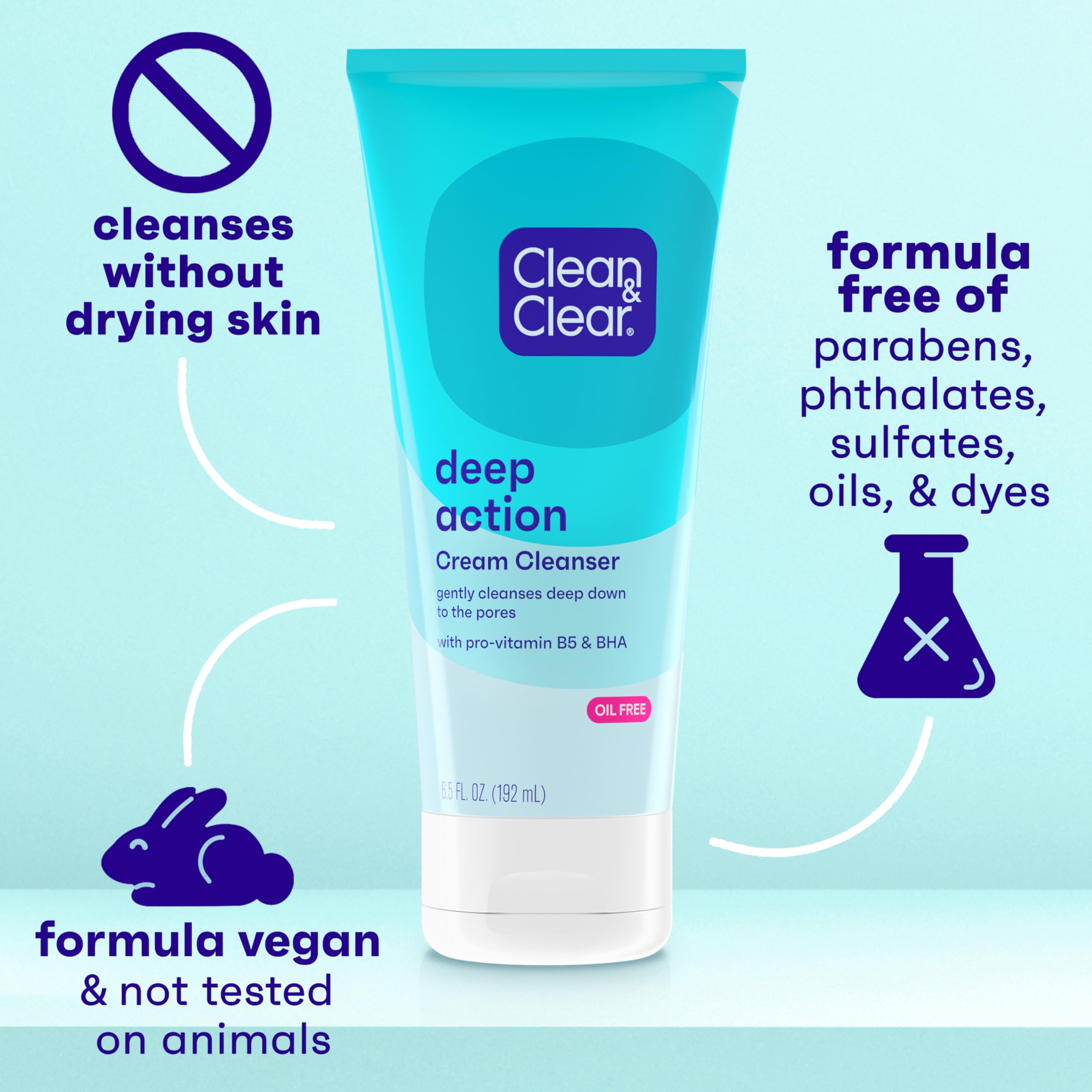 Clean & Clear Oil-Free Deep Action Cream Facial Cleanser - Cooling Daily Face Wash for Acne-Prone Skin, Deep Pore Cleansing, 6.5 oz (Pack of 2) | Gentle Exfoliating Face Wash for Oily & Sensitive Skin, Perfect for Morning & Night Skincare Routine