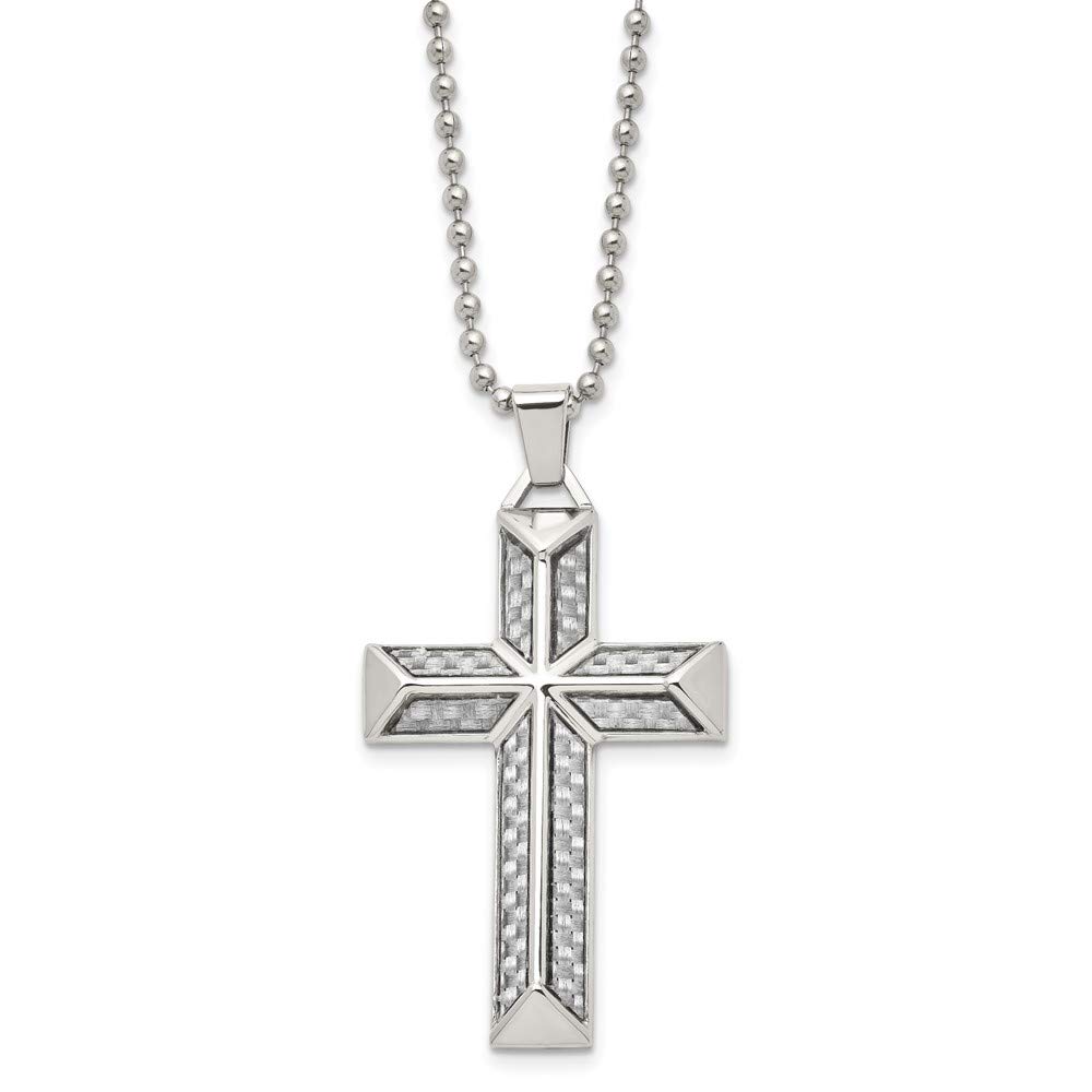 Black Bow Men's Stainless Steel Gray Carbon Fiber Pyramid Cross Necklace - 24 Inch Chain for Everyday Wear & Gifts
