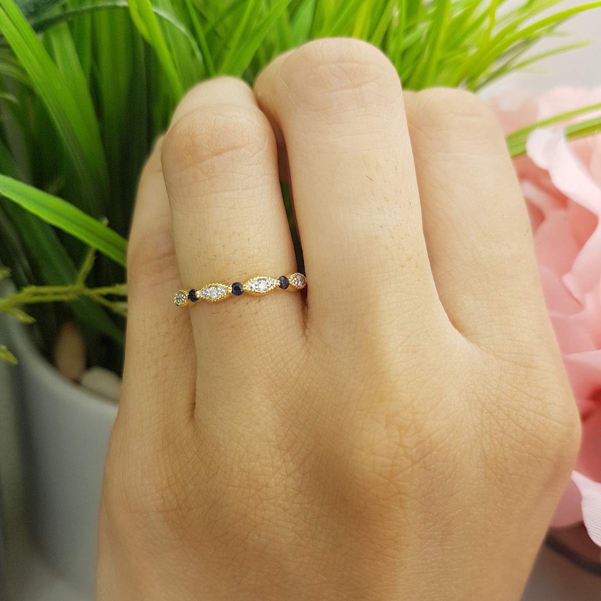 10K Solid Gold Round Blue Sapphire & White Diamond Women's Wedding Eternity Band Stackable Ring - Elegant Bridal Jewelry for Anniversary, Engagement & Stackable Ring Sets