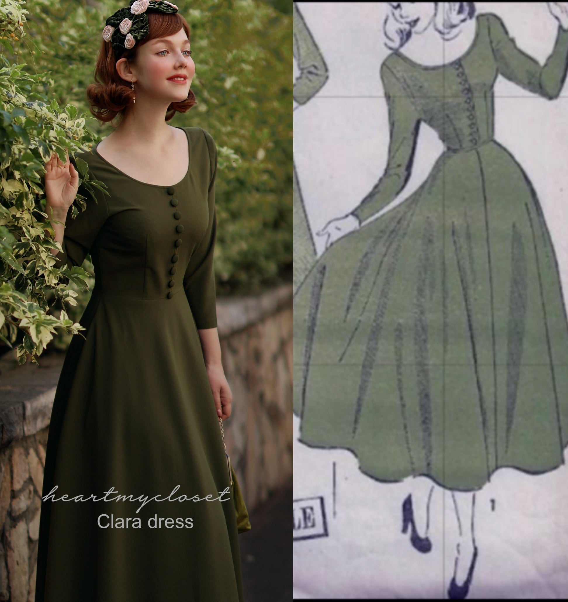 Vintage 1950s Inspired Olive Green Swing Dress by Clara - Retro Party, Cocktail & Formal Occasion Wear