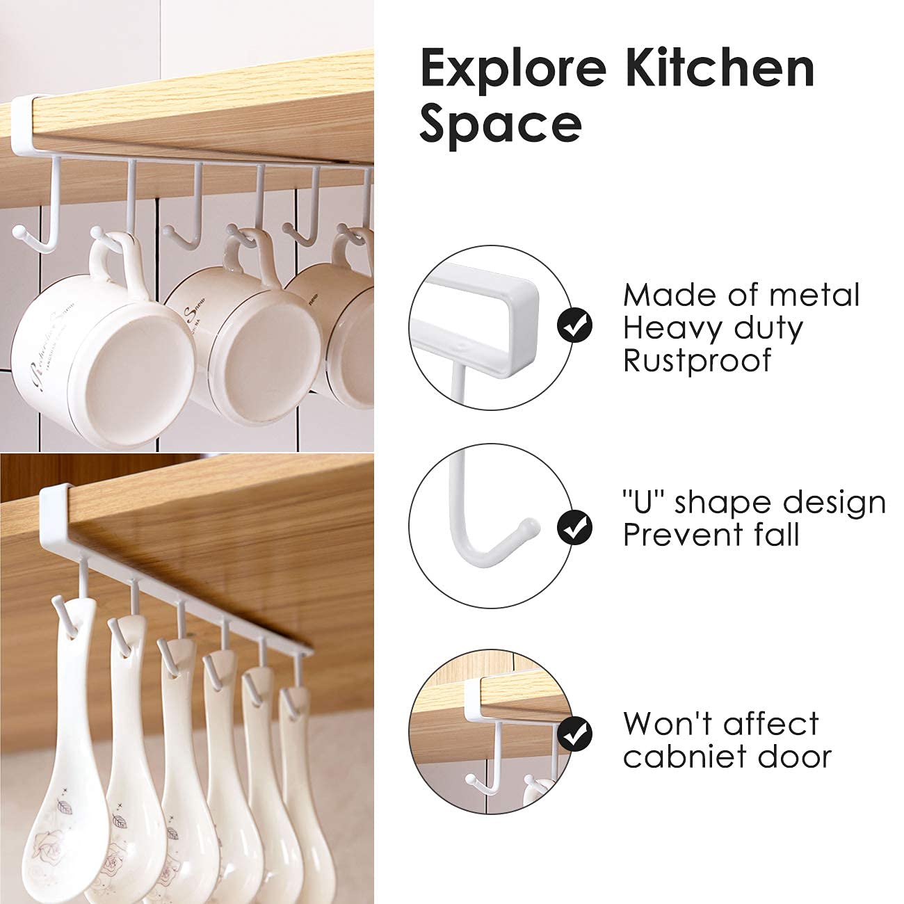 3-Pack Under Cabinet Mug Hangers - 6 Hook Adhesive Cup Holder for Coffee Mugs - Space Saving Kitchen Organization for Cabinets, Pantry & Office