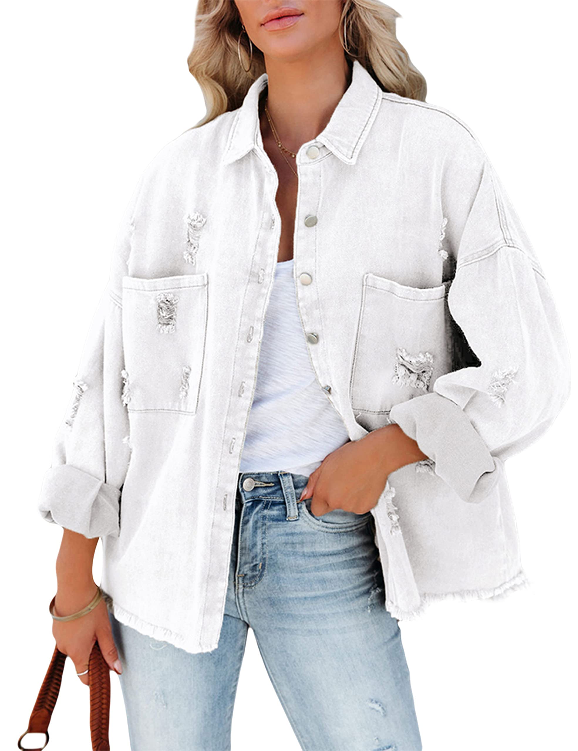 Distressed Denim Jacket for Women - Fringe Hem & Ripped Holes Design with Functional Pockets | Casual Outfit Essential for Streetwear & Layering Looks