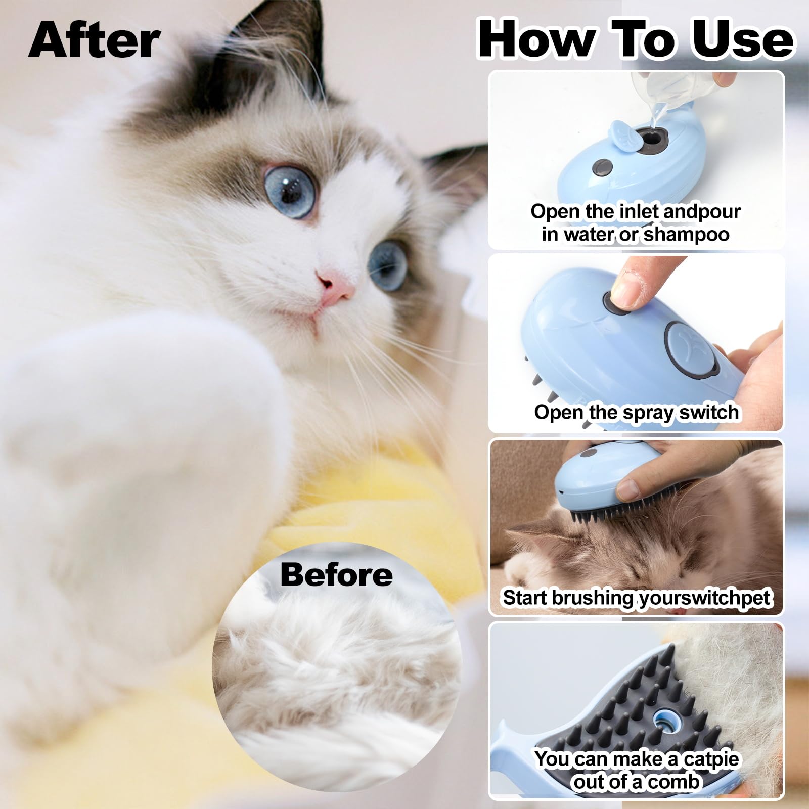 Rechargeable Cat Steam Brush - 3-in-1 Pet Grooming Tool for Shedding & Hair Removal - Perfect for Cats & Horses at Home