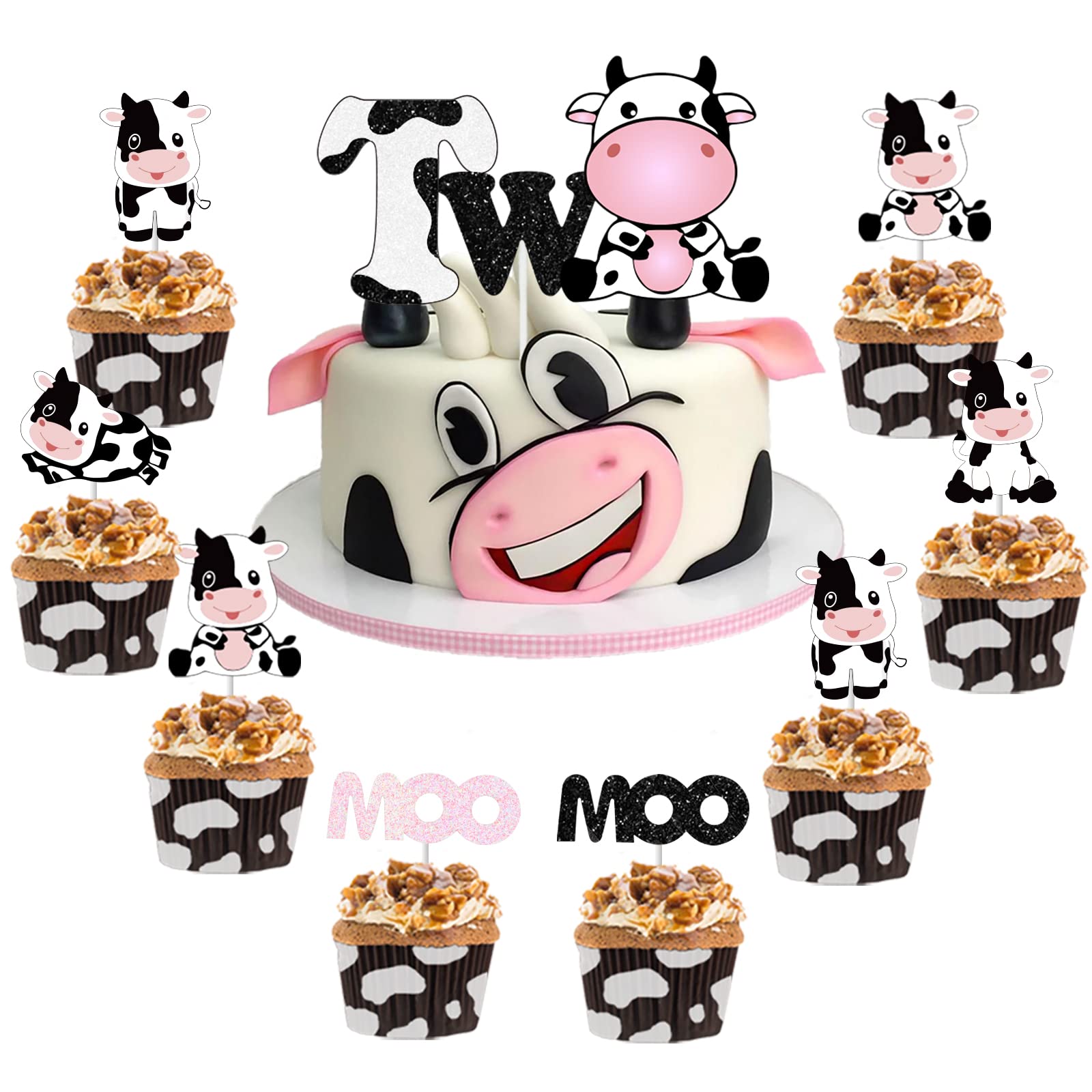 Cow Birthday Cake Topper Set - 2nd Birthday Party Decorations with 1 Cake Topper & 24 Cupcake Picks - Moo Moo Themed Party Supplies for Girls - Perfect for Farm Animal Birthday Parties, Baby Showers & Cow-Themed Celebrations