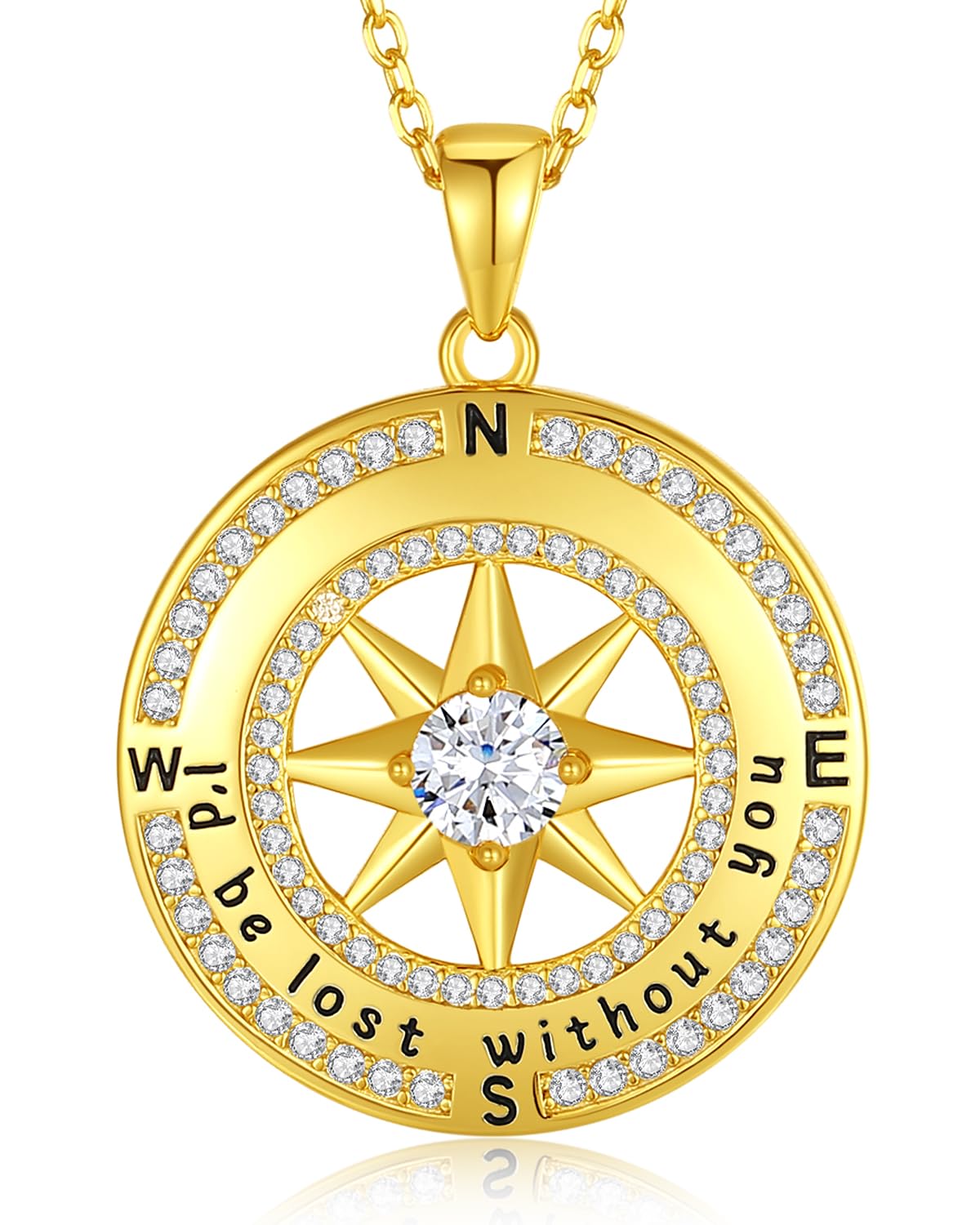 Gold Compass Necklace for Women - S925 Sterling Silver Love Pendant with 'I'd Be Lost Without You' Engraving, Birthstone Gift for Wife, Girlfriend, Anniversary, Birthday, Valentine's Day, Christmas & Mother's Day - Perfect for Travel Lovers & Romantic Occasions