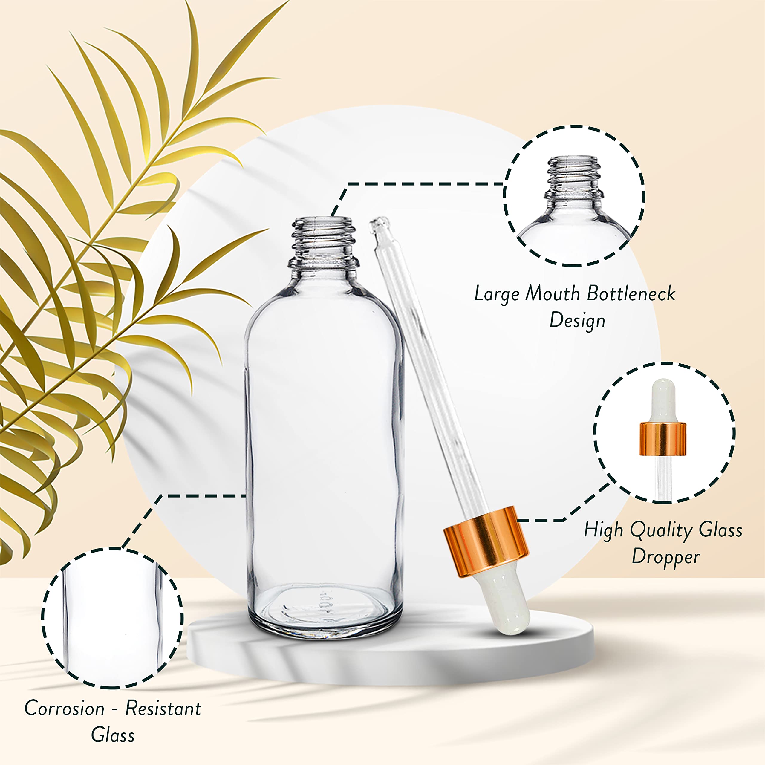 NSB Herbals 100ml Clear Round Empty Glass Bottle with Glass Dropper, Golden Ring & White Silicone Teat - Refillable for Essential Oils, Perfumes, DIY Beauty (Pack of 1) | Perfect for Aromatherapy, Travel & Home Fragrance