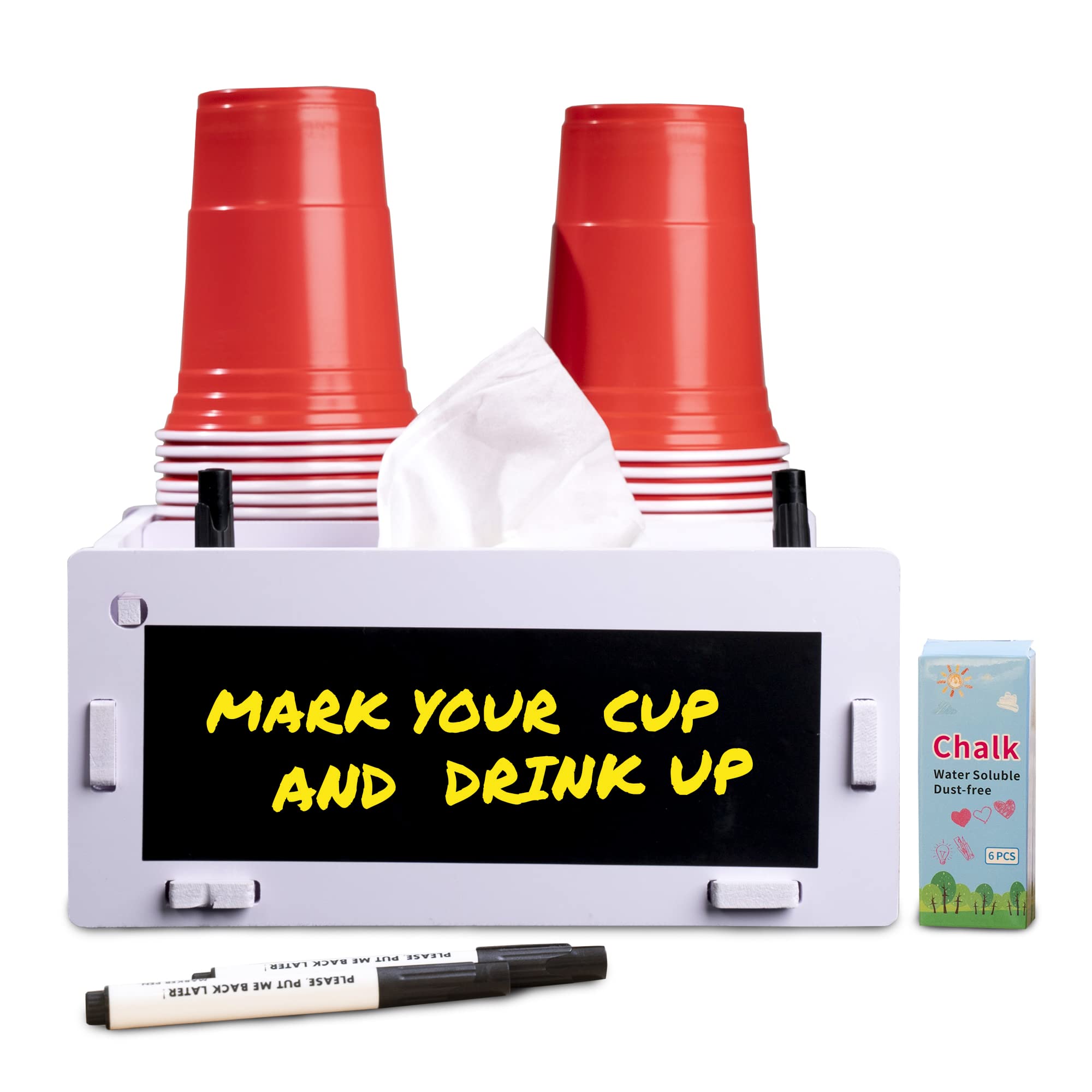 FryGame White Triple Cup Holder with Tissue Box, Chalk Board & Markers - Waterproof Rustic Solo Drink Holder for Parties, BBQs & Tailgating (Easy Assembly, Includes Chalk & Markers) FG0001
