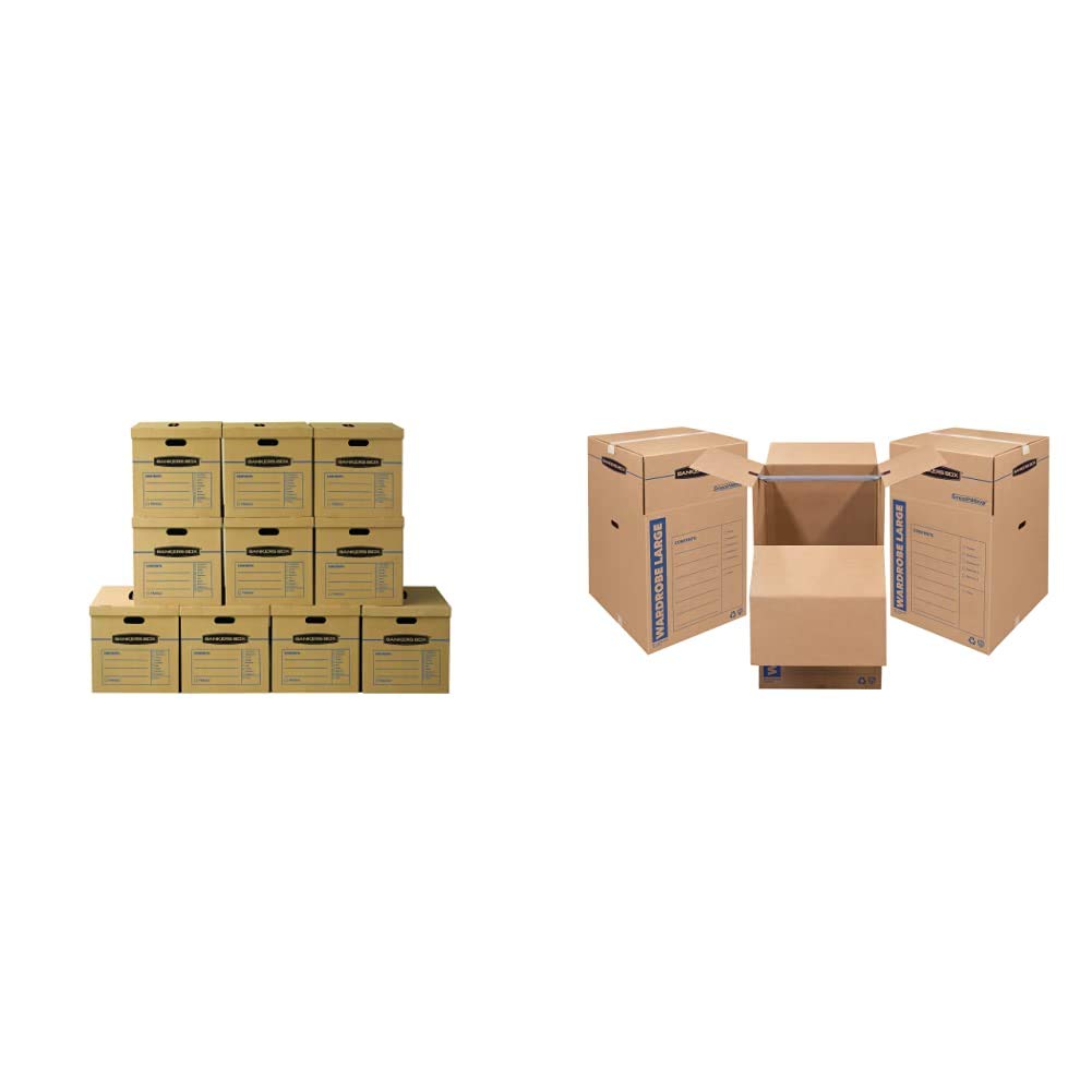 Bankers Box SmoothMove Classic Moving Boxes with Tape-Free Assembly & Easy Carry Handles - Large 21x17x17 Inches (10 Pack) & Tall Wardrobe Boxes 24x24x40 Inches (3 Pack) - Perfect for Home Moving, Office Relocation & Storage Organization