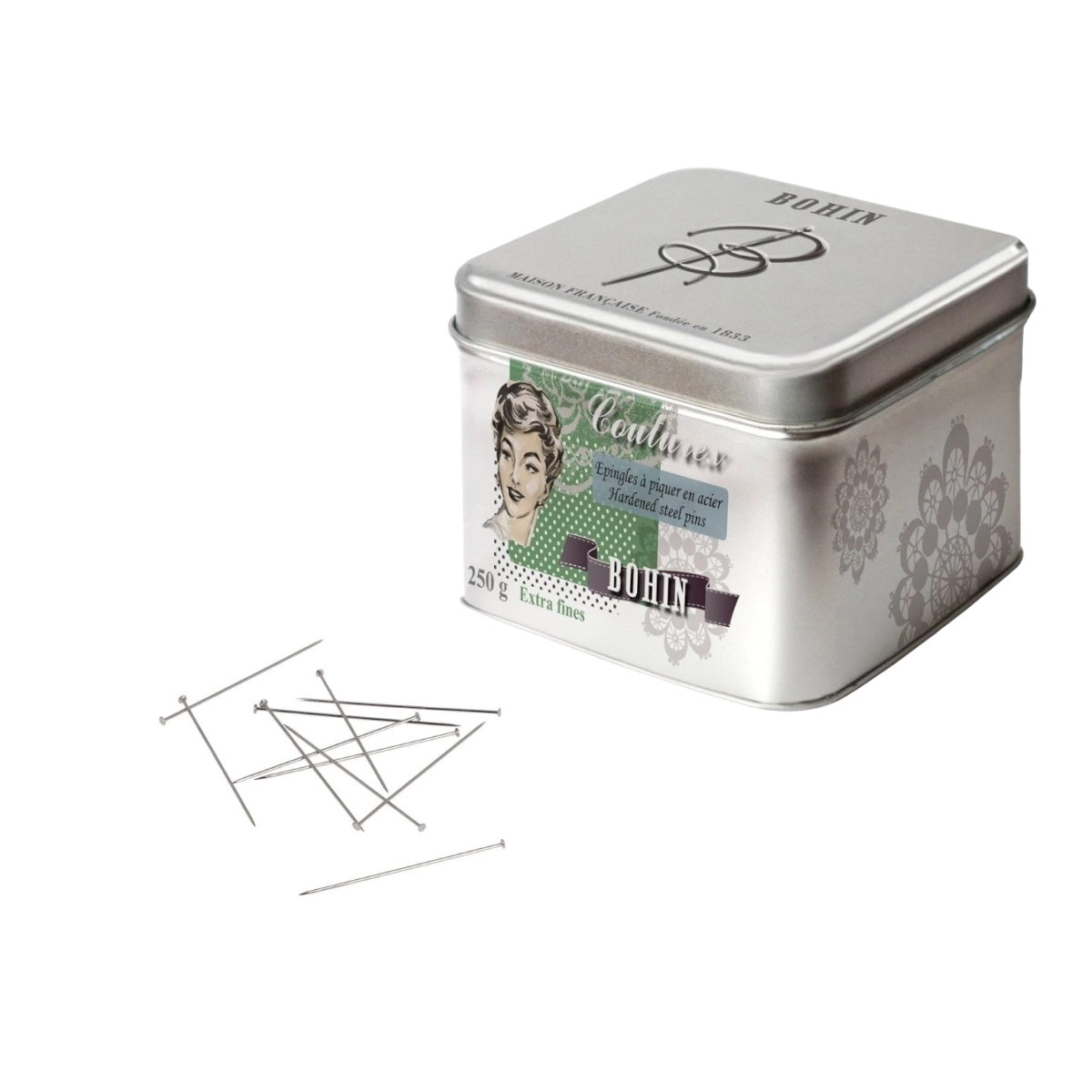 Bohin Extra Fine Dressmaker Pins - 250g Box | Premium Sewing Pins for Quilting, Dressmaking & Fabric Crafts | Ideal for Delicate Fabrics & Professional Tailoring