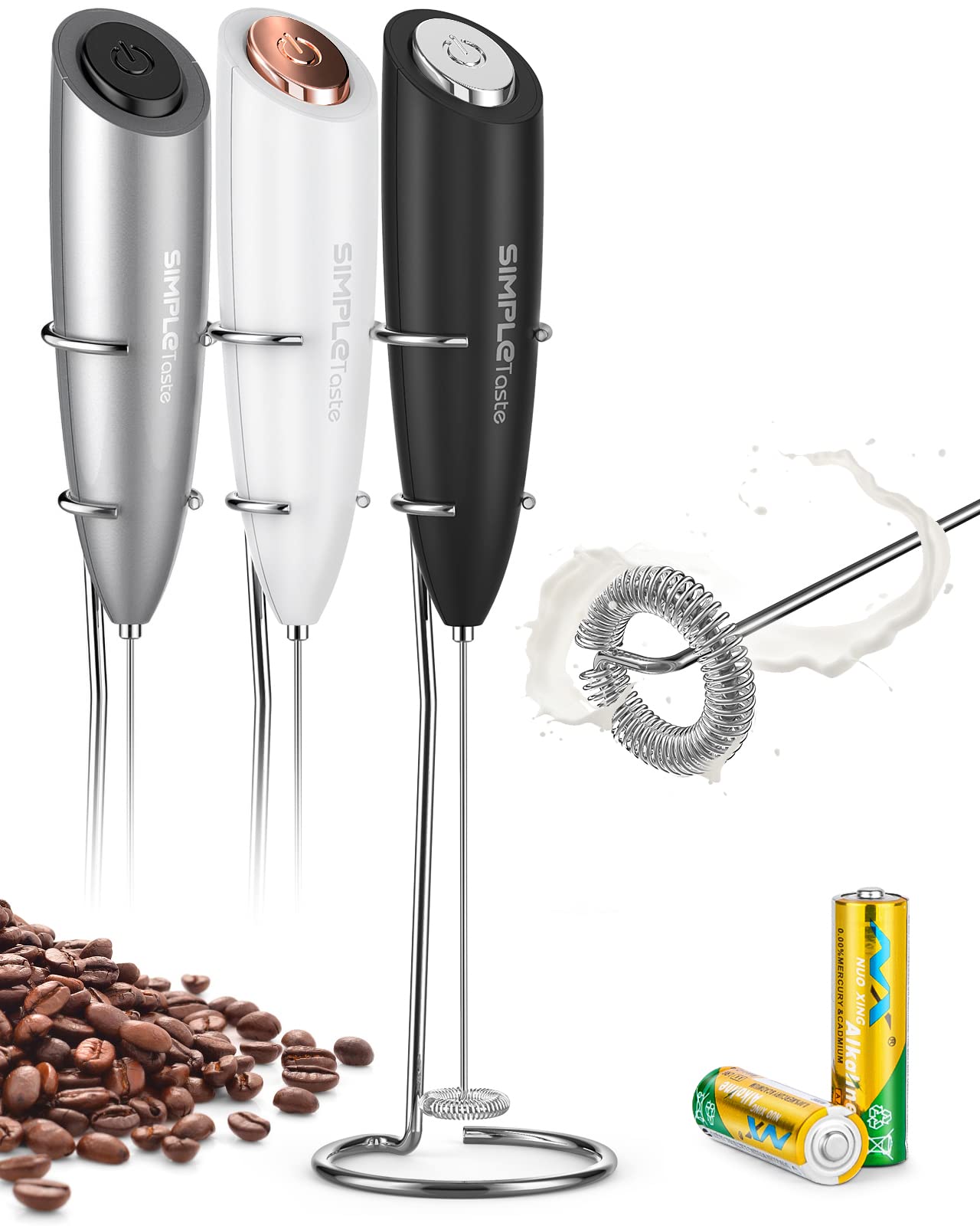 SIMPLETASTE Handheld Electric Milk Frother with Stainless Steel Whisk - Battery Powered Drink Mixer for Cappuccino, Latte, Coffee & Hot Chocolate - Perfect for Home, Office & Coffee Shops