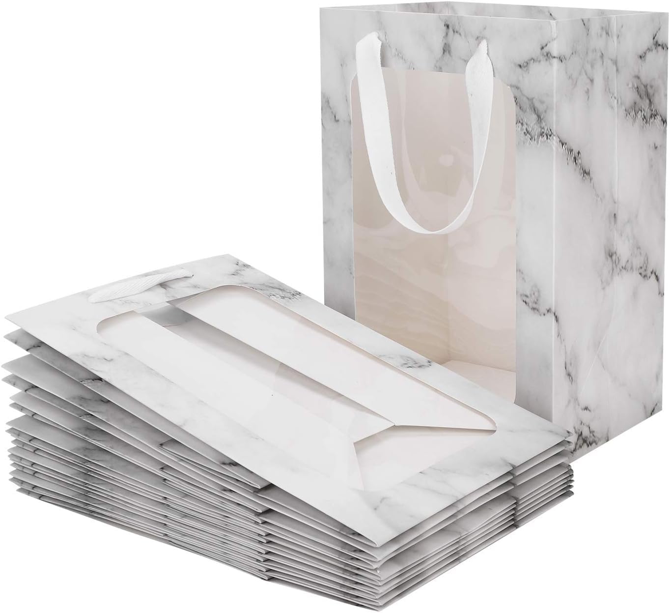 6-Piece Marble Print Transparent Gift Bags with Handles - Elegant Goodie Bags for Shopping, Weddings, Birthdays & Special Events | Perfect for Valentine's Gifts, Engagement Presents & Party Favors (White, Small)