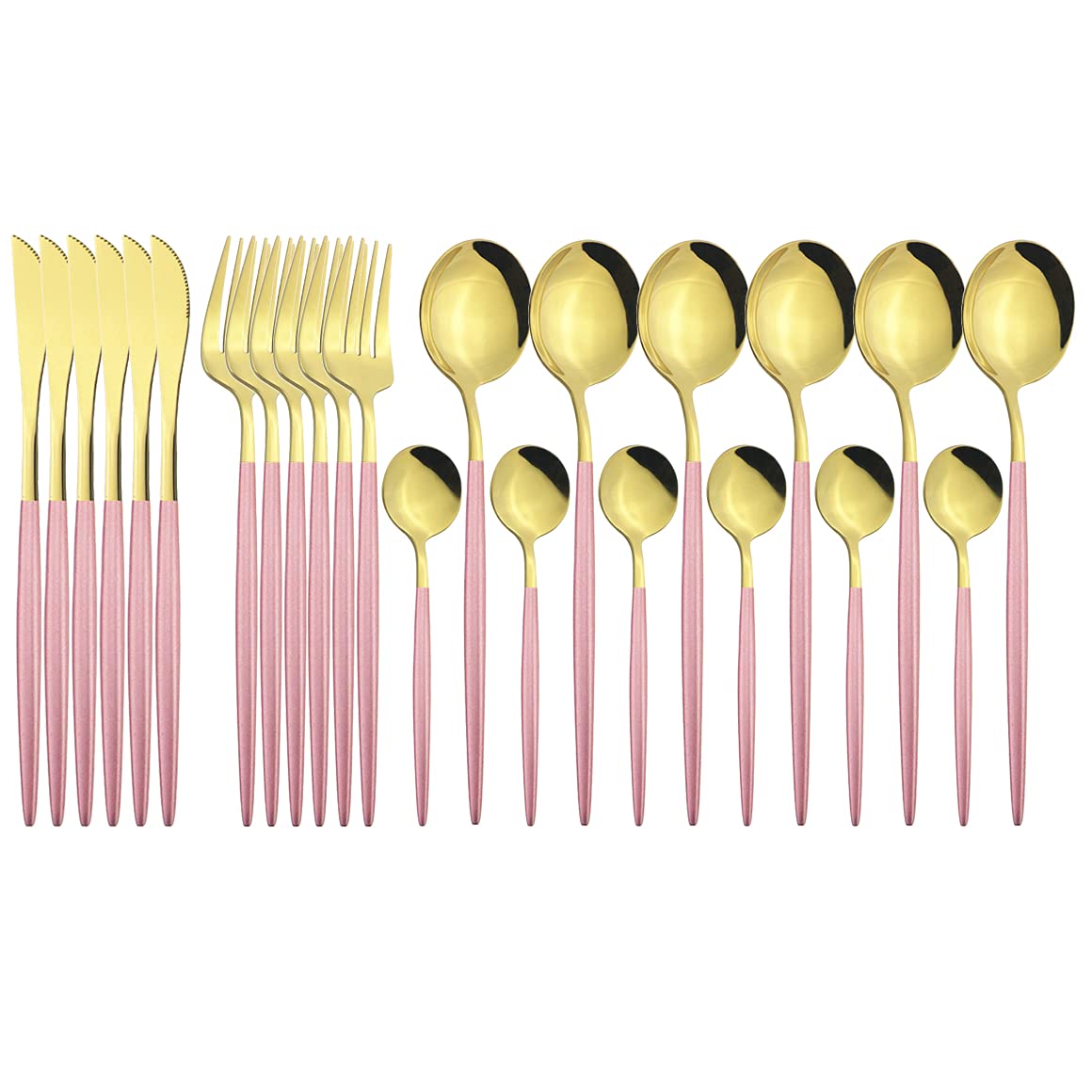 24-Piece Stainless Steel Silverware Flatware Set - Gold Dinner Knives, Forks & Coffee Spoons | Elegant Pink Gold Cutlery Set for Dining, Kitchen & Table Setting | Perfect for Restaurants, Weddings & Home Entertaining