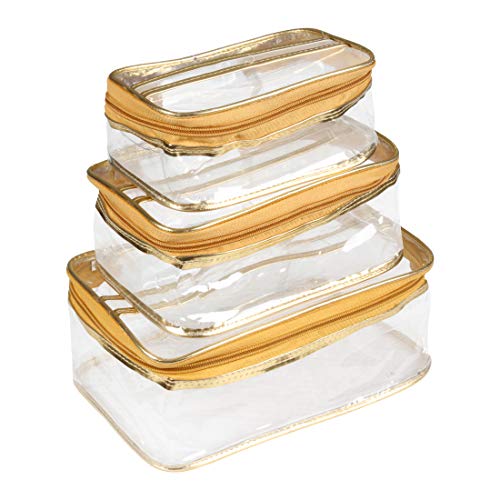 PrettyKrafts 3-Piece Clear Plastic Storage Box Set - Waterproof Travel Toiletry Bag, Cosmetic Organizer for Women & Men, Makeup Pouch, Shaving Kit (23x12x7cm, Golden) - Perfect for Travel, Gym, Home Organization & Daily Essentials Storage