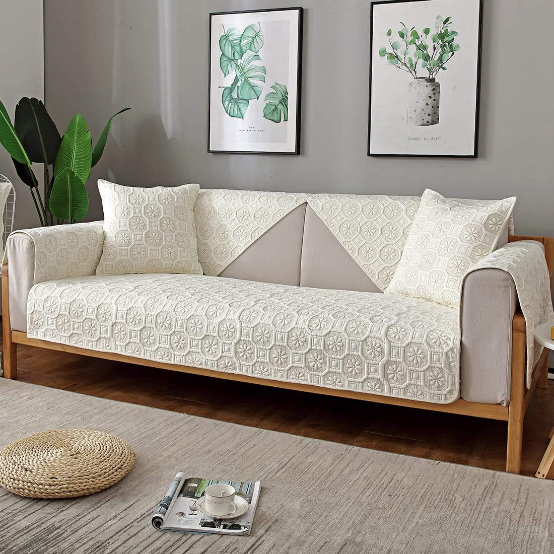 VCTOPS Geometric Embroidery Cotton Sofa Cover - Farmhouse Style Sectional Couch Slipcover for Pets (Dogs & Cats) - Fits L-Shaped, Recliner & Love Seat - Protects Leather Furniture - Armrest & Backrest Cover - Cream Flower Pattern (28x70 Inches) - Perfect for Living Room, Family Room & Pet-Friendly Homes