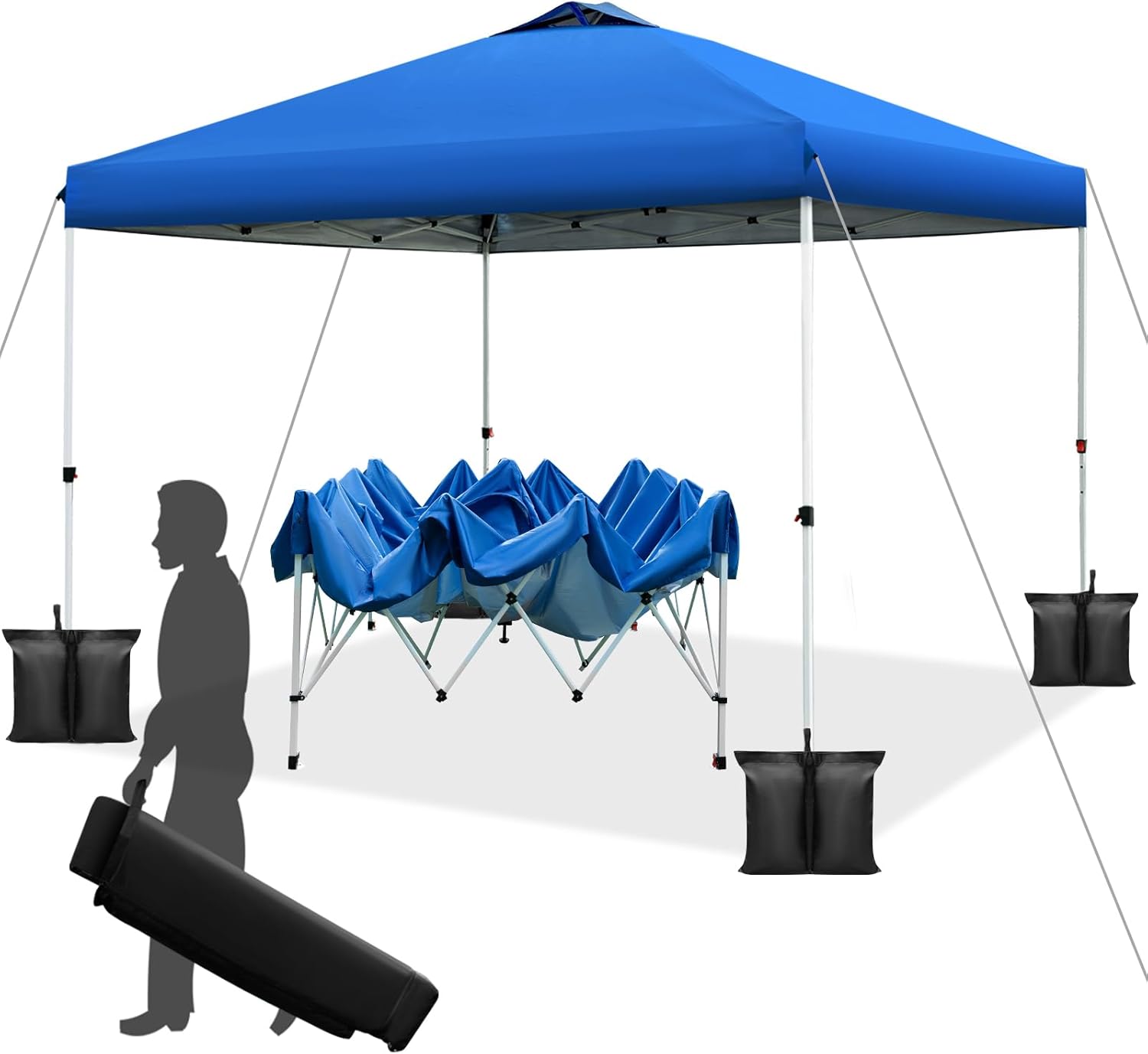 WEIZE 10x10 Pop Up Canopy Tent - Instant One-Button Setup, Adjustable Height Gazebo with 4 Weight Bags | Portable Shelter for Outdoor Events, Camping, Beach & Backyard Parties | Silver Coated Top & Blue Frame Sun Shade Protection