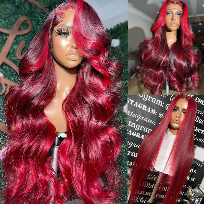 Eullair Burgundy Red Highlight Body Wave Human Hair Wig with Skunk Stripe & Transparent Lace Front - Perfect for Cosplay, Parties, and Daily Styling
