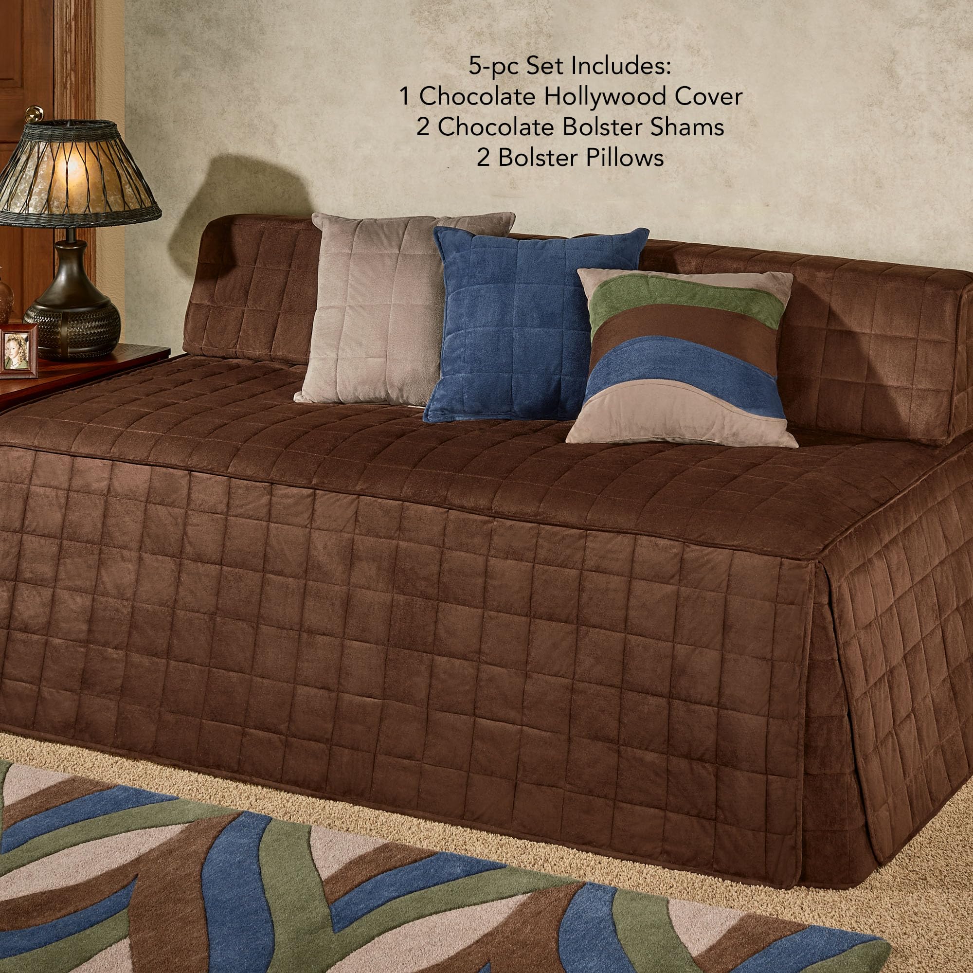 Luxury Camden Bedding Set - Chocolate Brown Faux Suede Quilted Hollywood Daybed Cover with Bolster Shams & Pillows | 5-Piece Bedroom Decor for Guest Rooms, Dormitories & Small Spaces