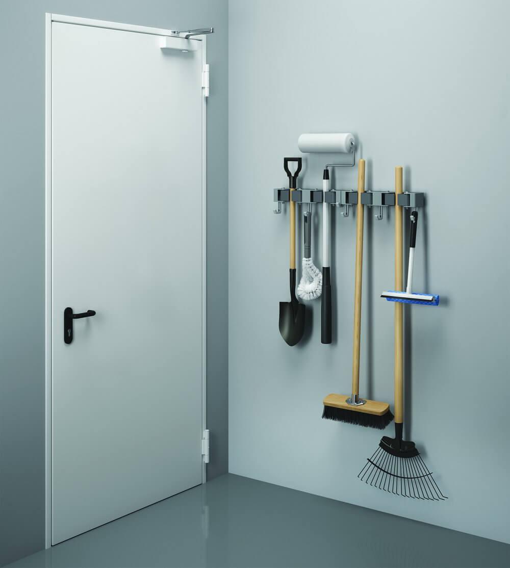 Wall Mounted Broom and Mop Holder Set - Space Saving Grey Organizer for Kitchen, Garage, or Closet Storage