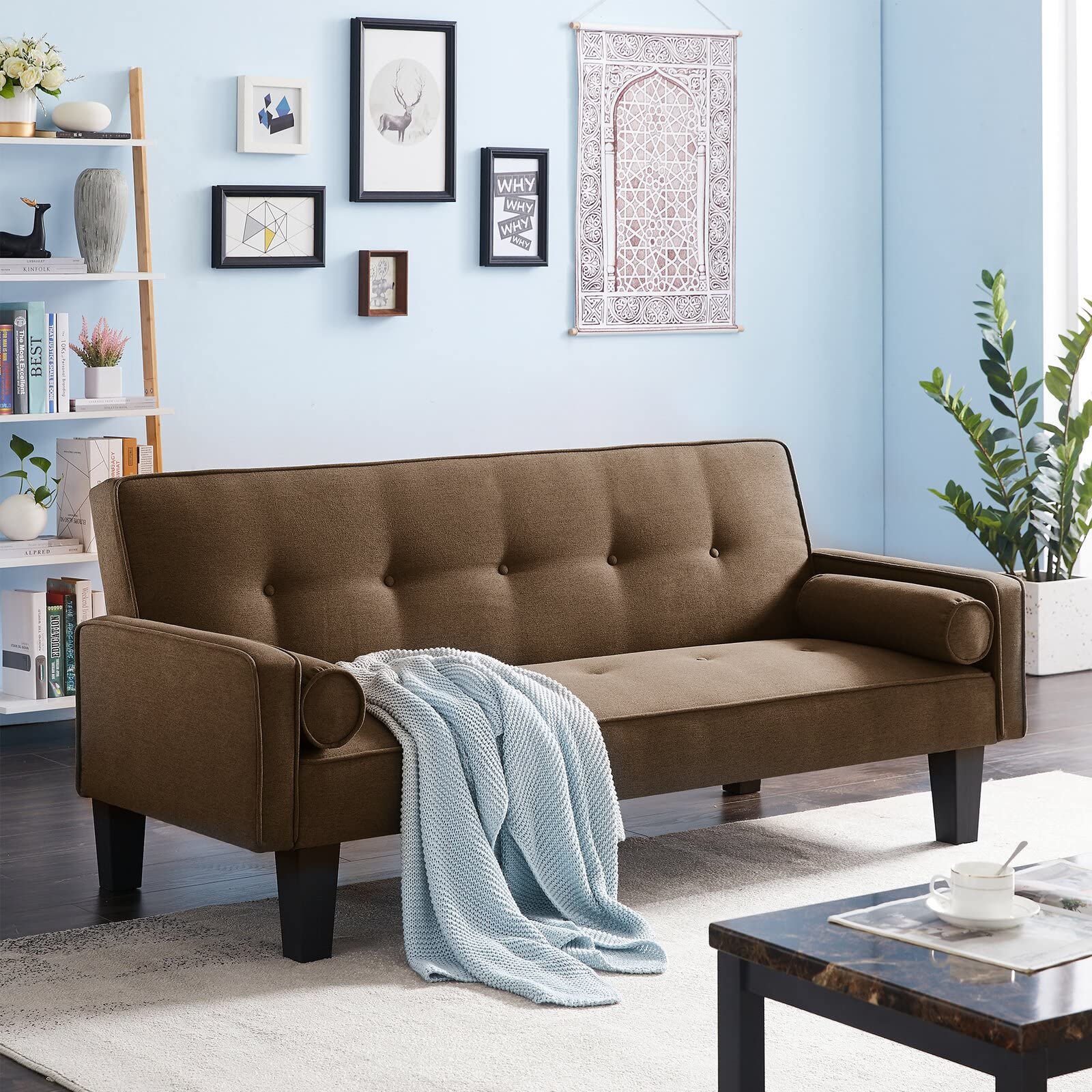 Modern Velvet Futon Sofa Bed with Pillows & Wooden Legs - Button Tufted Convertible Love Seat Couch for Small Apartments & Guest Rooms (Brown) | Perfect for Studio Living, Overnight Guests & Space-Saving Home Decor