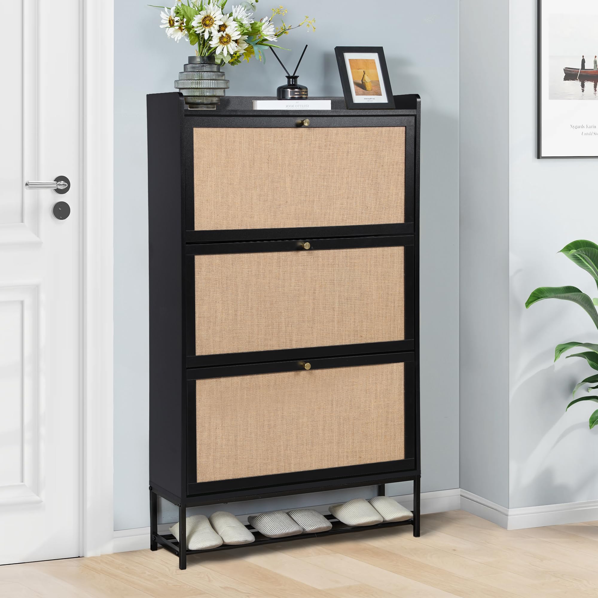 LEVNARY 3-Tier Flip Drawer Shoe Storage Cabinet - Freestanding Wooden Shoe Organizer with Metal Legs for Entryway, Hallway & Closet - Space Saving Narrow Shoe Rack for Sneakers, Boots & Heels (Black)
