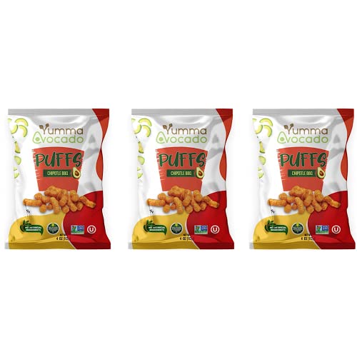Yumma Avocado Puffs - 3 Pack (Chipotle BBQ Flavor) | 4oz Bags of Vegan, Gluten-Free, Non-GMO Snacks Made with Real Avocados & Avocado Oil | Kosher Certified, Plant-Based, No Artificial Ingredients | Perfect for Parties, Road Trips & Healthy Snacking