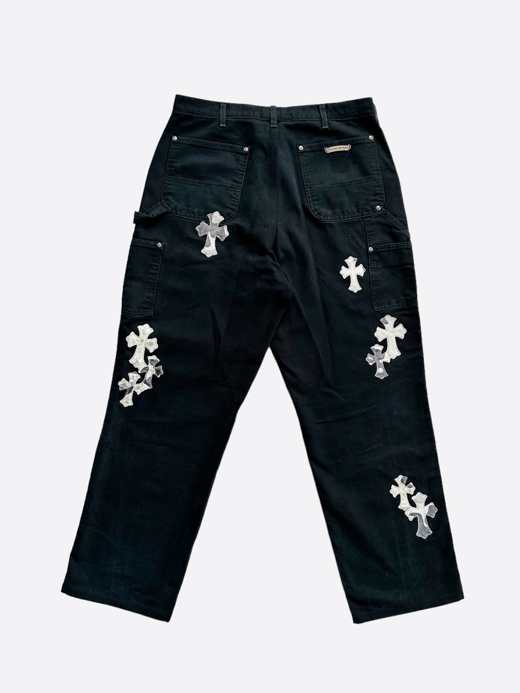 Chrome Hearts x Carhartt Black Camo Cross Patch Carpenter Work Pants - Durable Utility Pants for Construction, Workwear & Streetwear Fashion