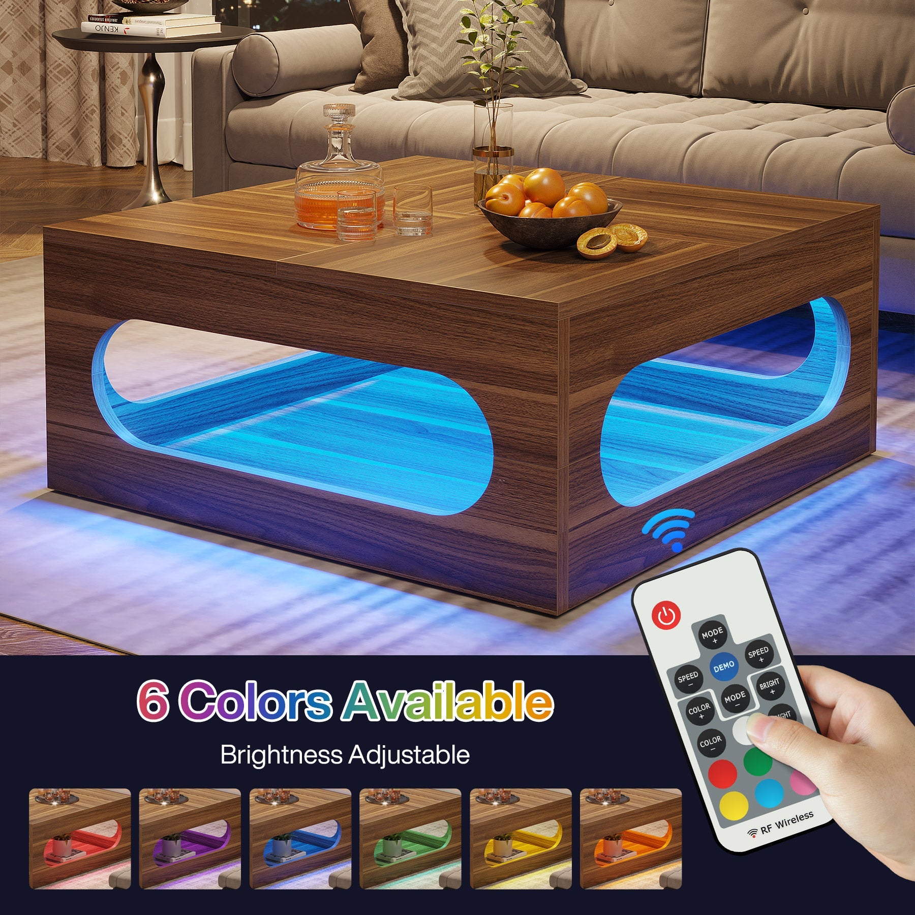 2 Tier Wooden Coffee Table with LED Strip Lights - Modern Square Center Tea Table for Living Room, Bedroom, or Office Decor