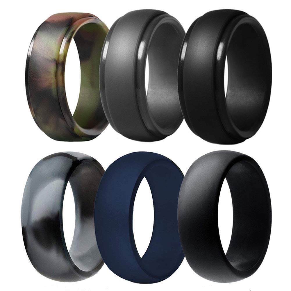 6 Pack Breathable Silicone Wedding Rings for Men - Durable Rubber Bands in Camo, Navy Blue, Dark Grey & Black (8.7mm Wide) | Perfect for Gym, Swimming, Travel & Outdoor Activities