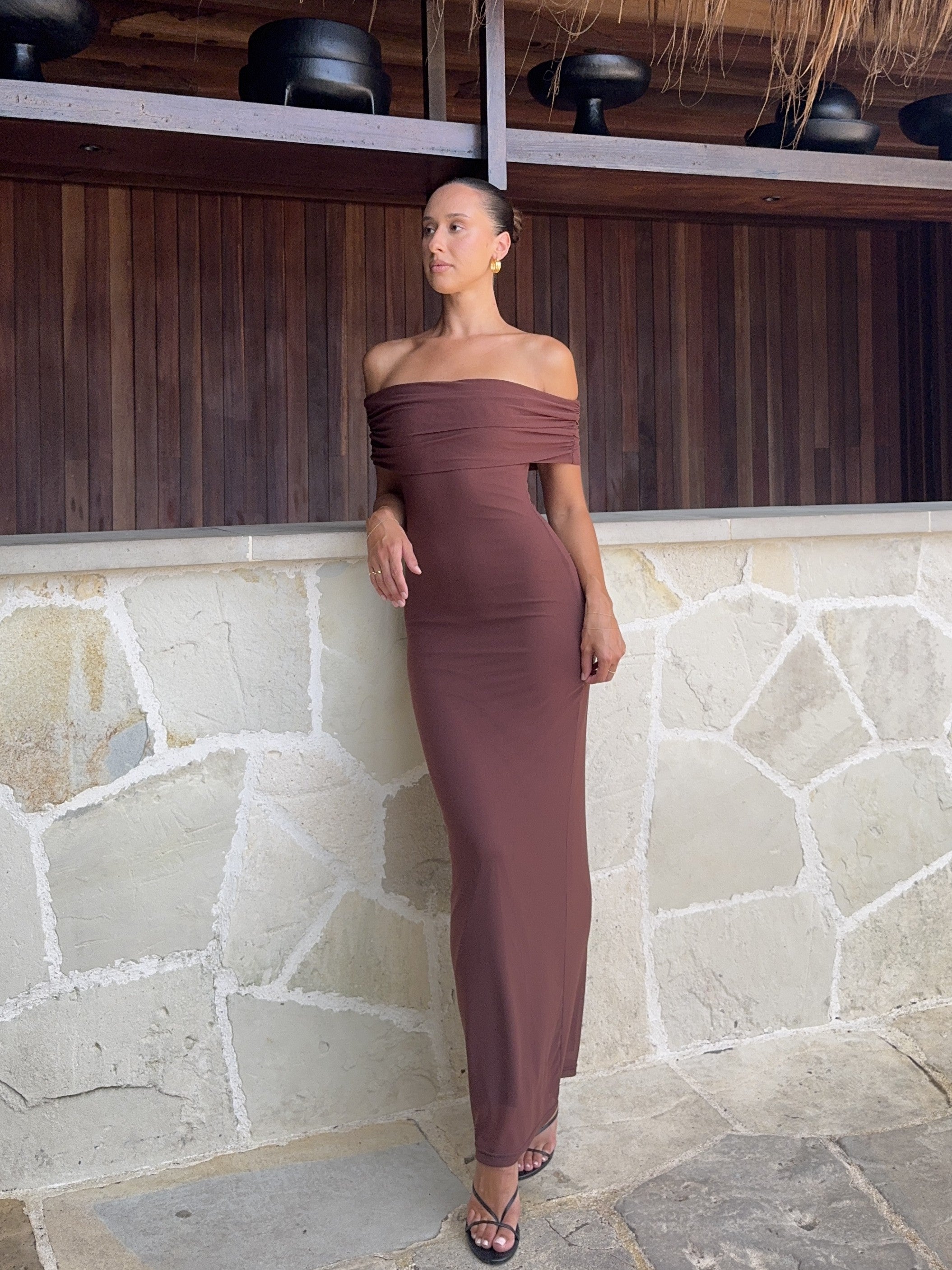 Darcey Off Shoulder Maxi Dress for Women - Elegant Long Summer Boho Dress in Brown | Perfect for Beach Vacations, Weddings & Date Nights
